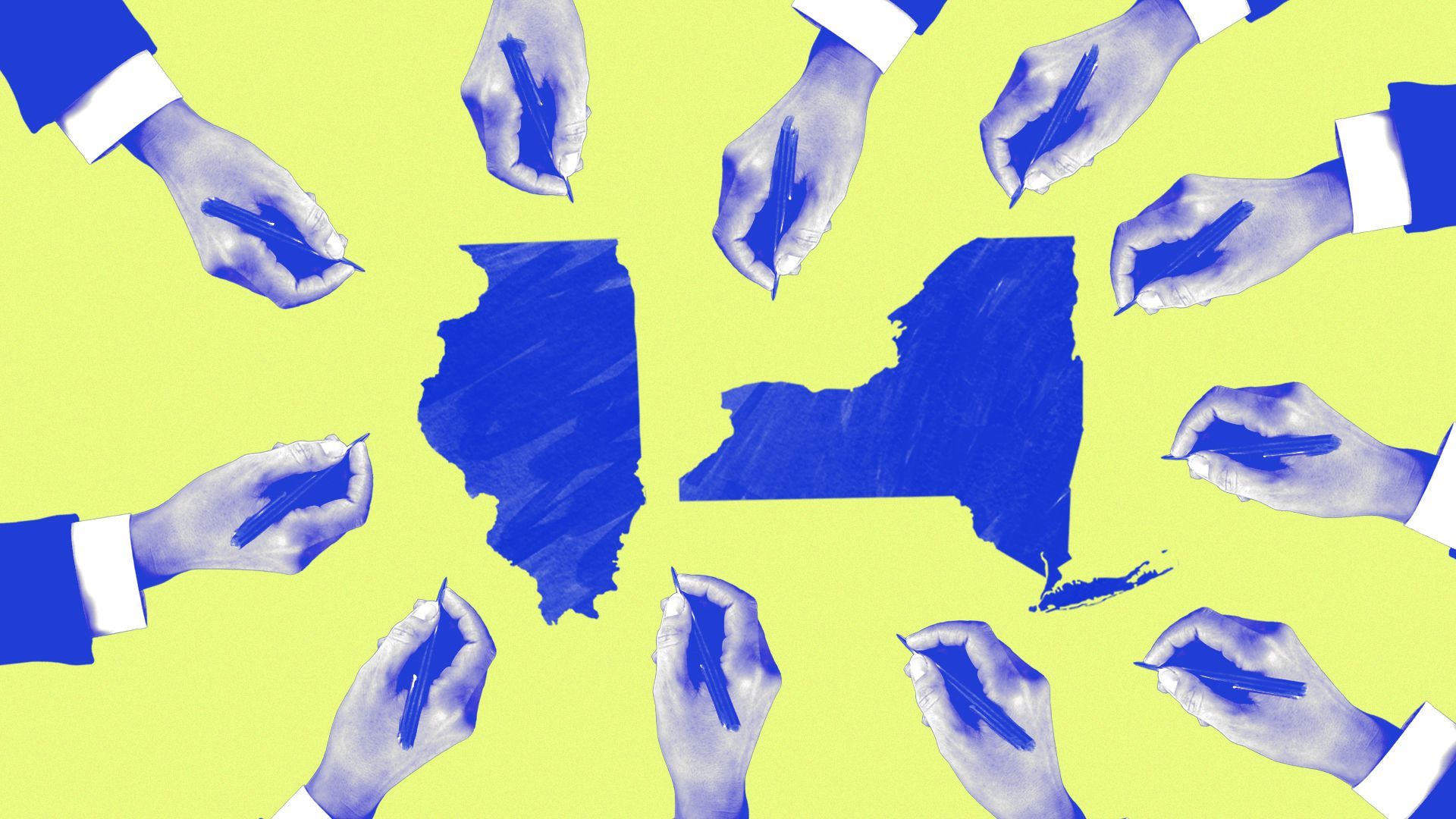Illustration of hands with pens surrounding drawn outlines of Illinois and New York.