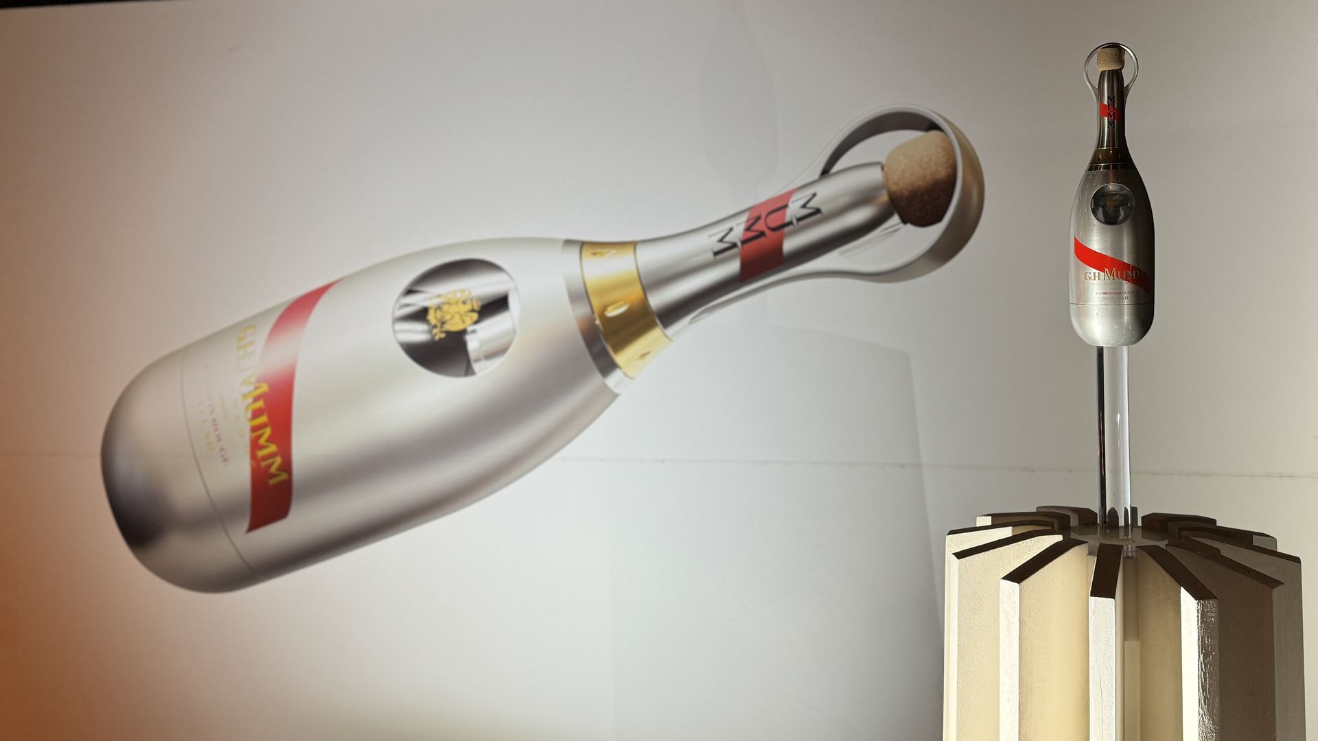 The steel-over-glass bottle that Mumm has designed to take Champagne into space for the first time.