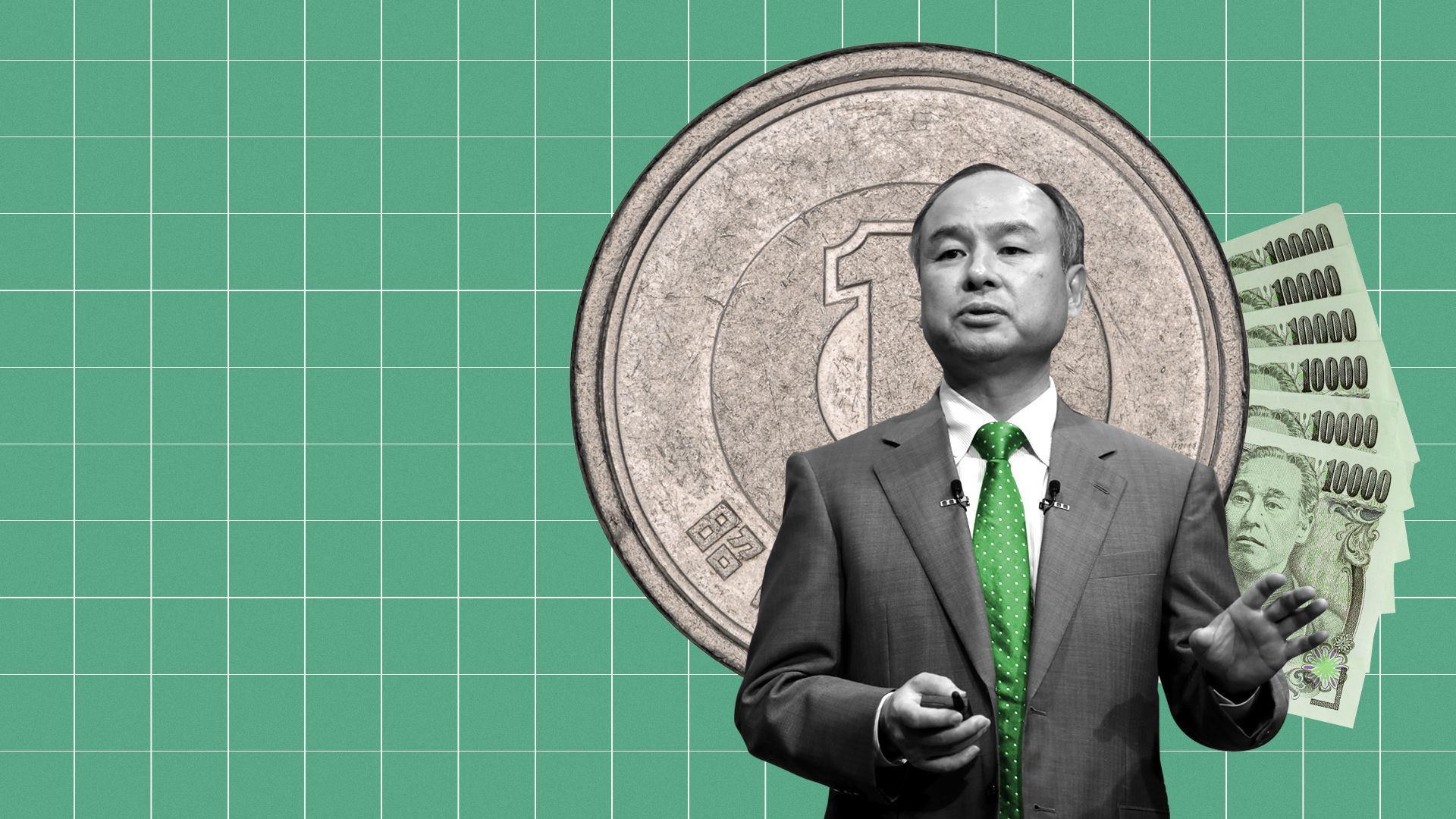 Illustration of SoftBank chairman Masayoshi Son in front of money