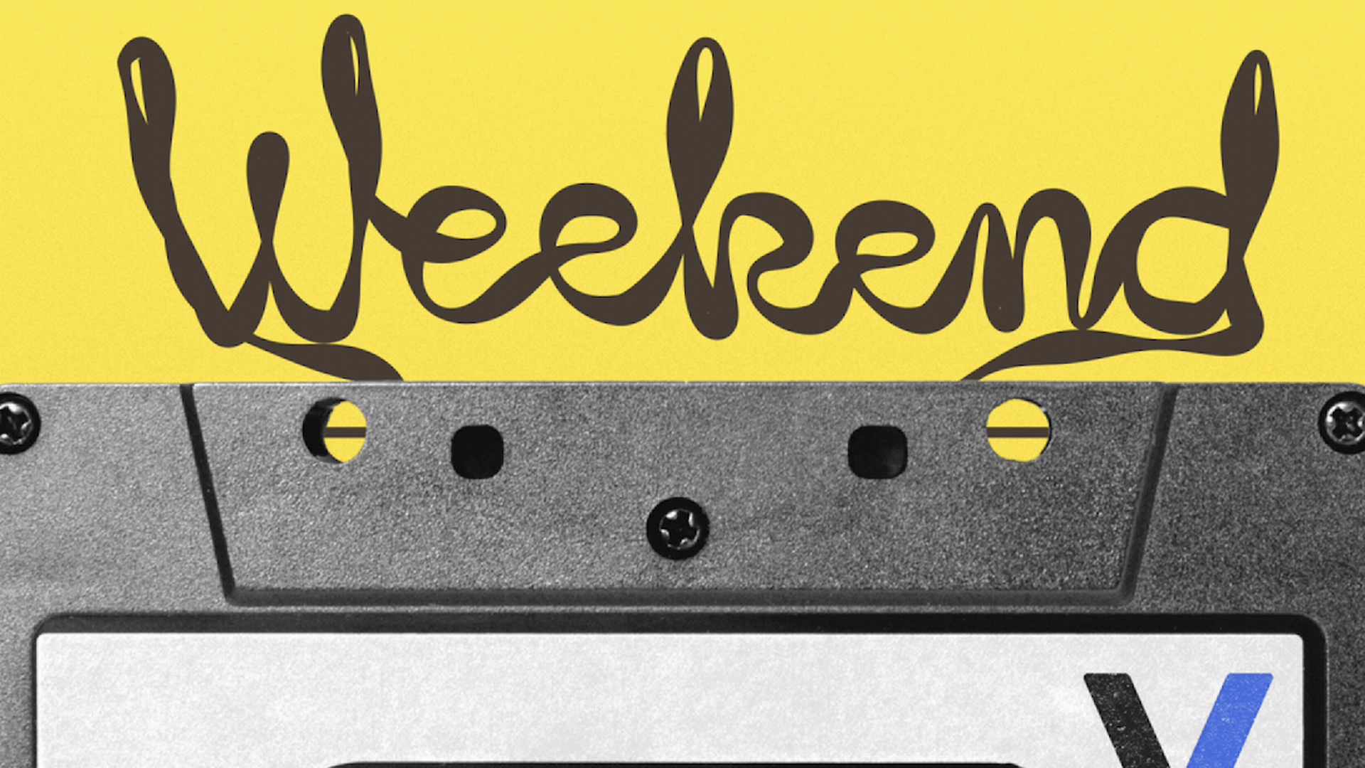 A cassette with the tape unspooled to spell weekend. 