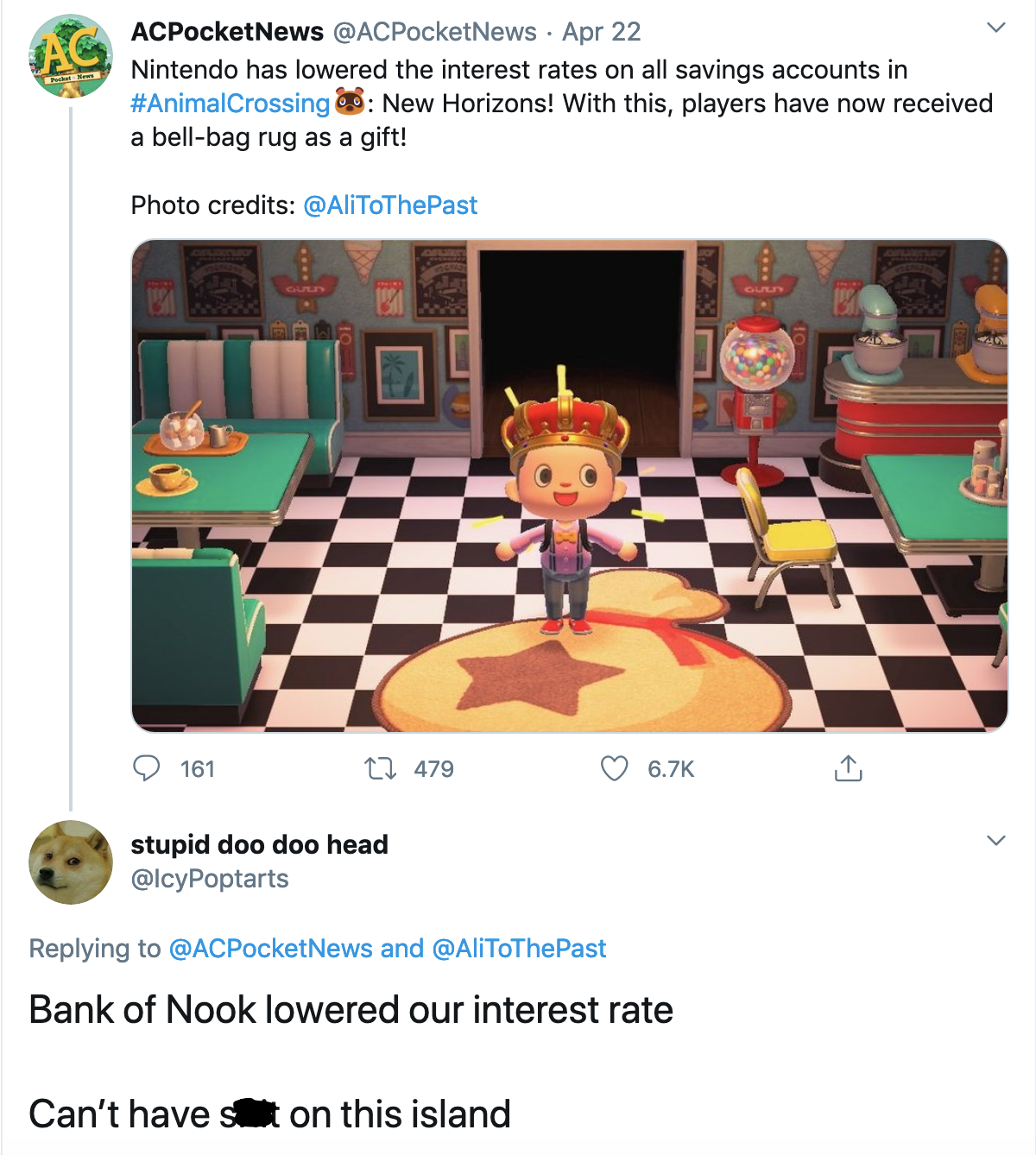 Screenshot of a tweet showing a uer's unhappy reaction to an interest rate cut by the Bank of Nook.