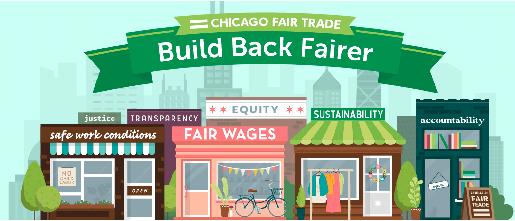 Poster that promotes a fair trade festival, with cartoon storefronts and bikes.