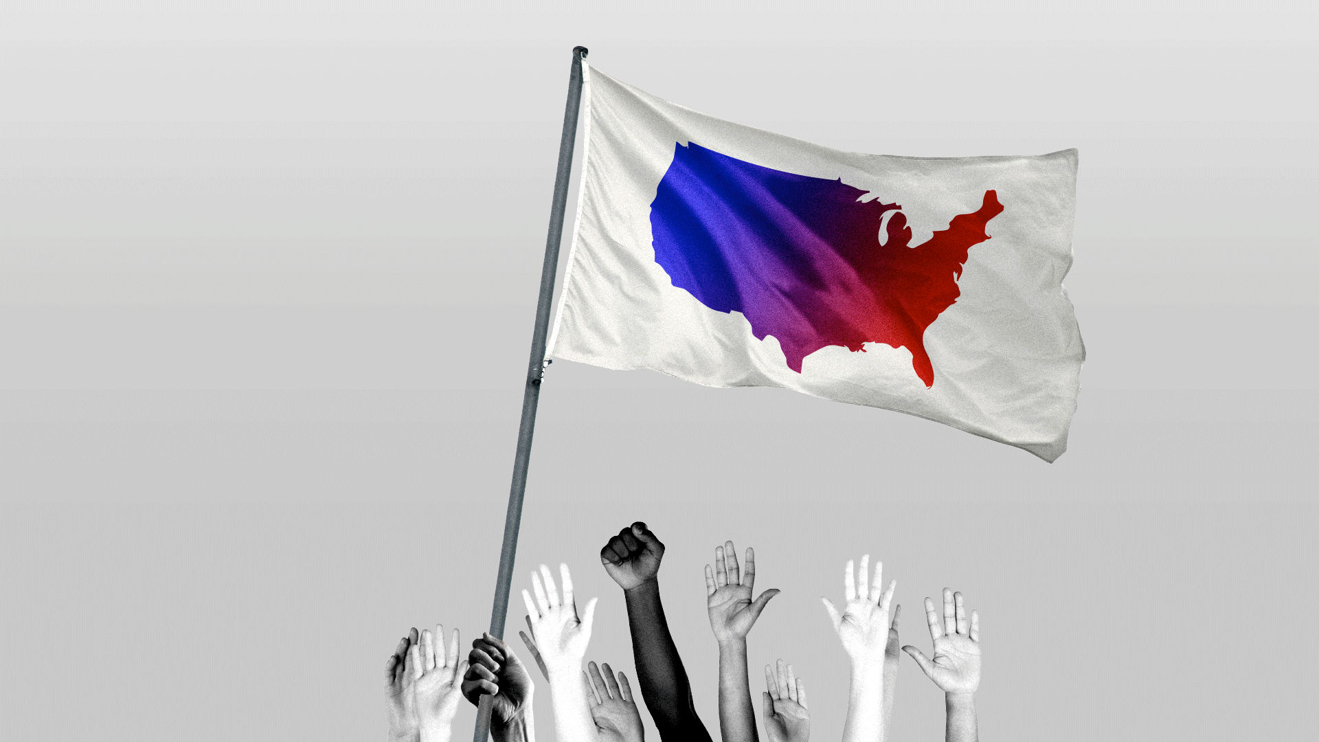 Illustration of a group of people carrying a white flag with an outline of the United States shifting colors.
