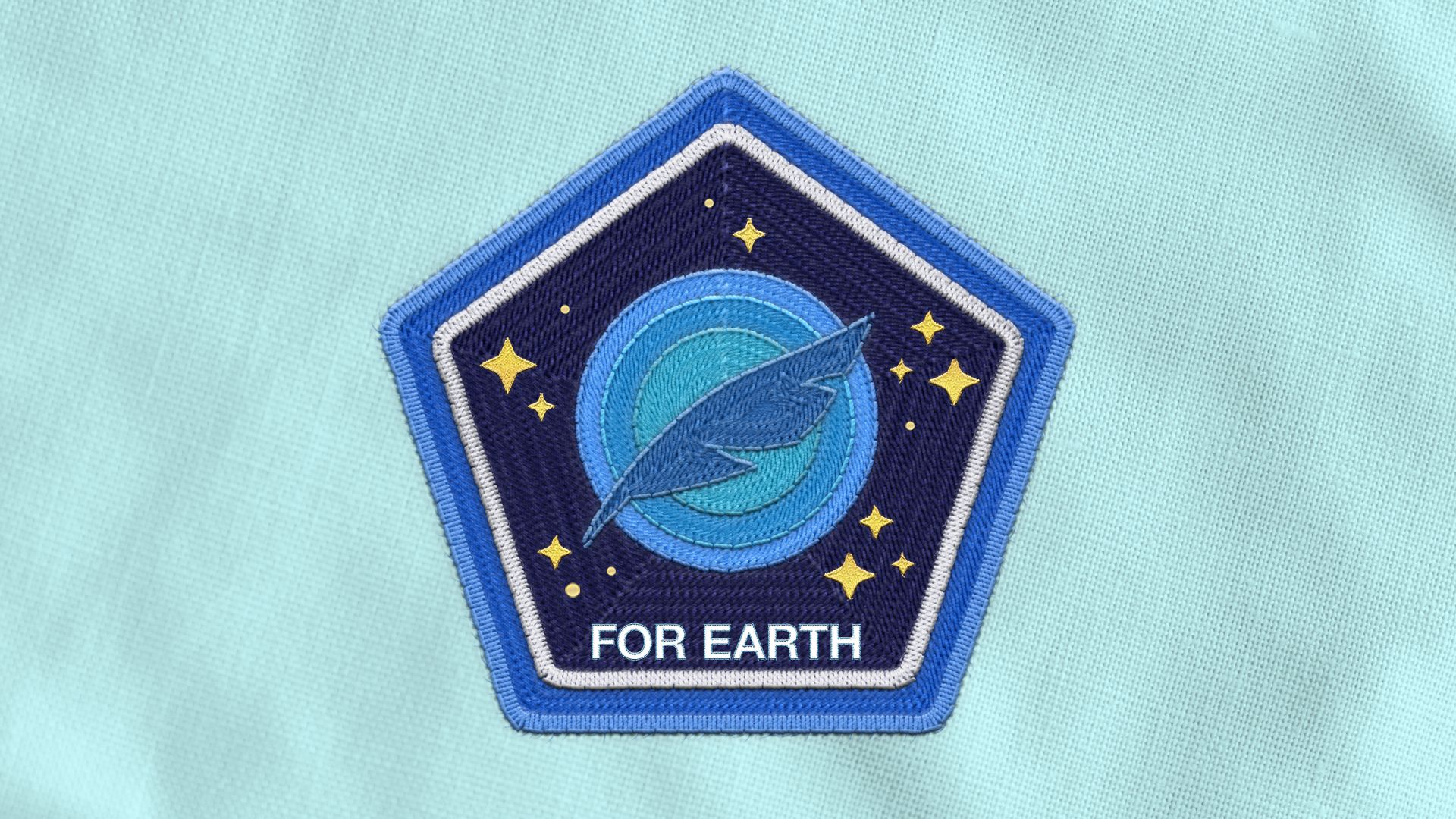 Illustration of an astronaut badge depicting a feather in front of the Earth as a blue planet, the words "FOR EARTH" are on the badge.