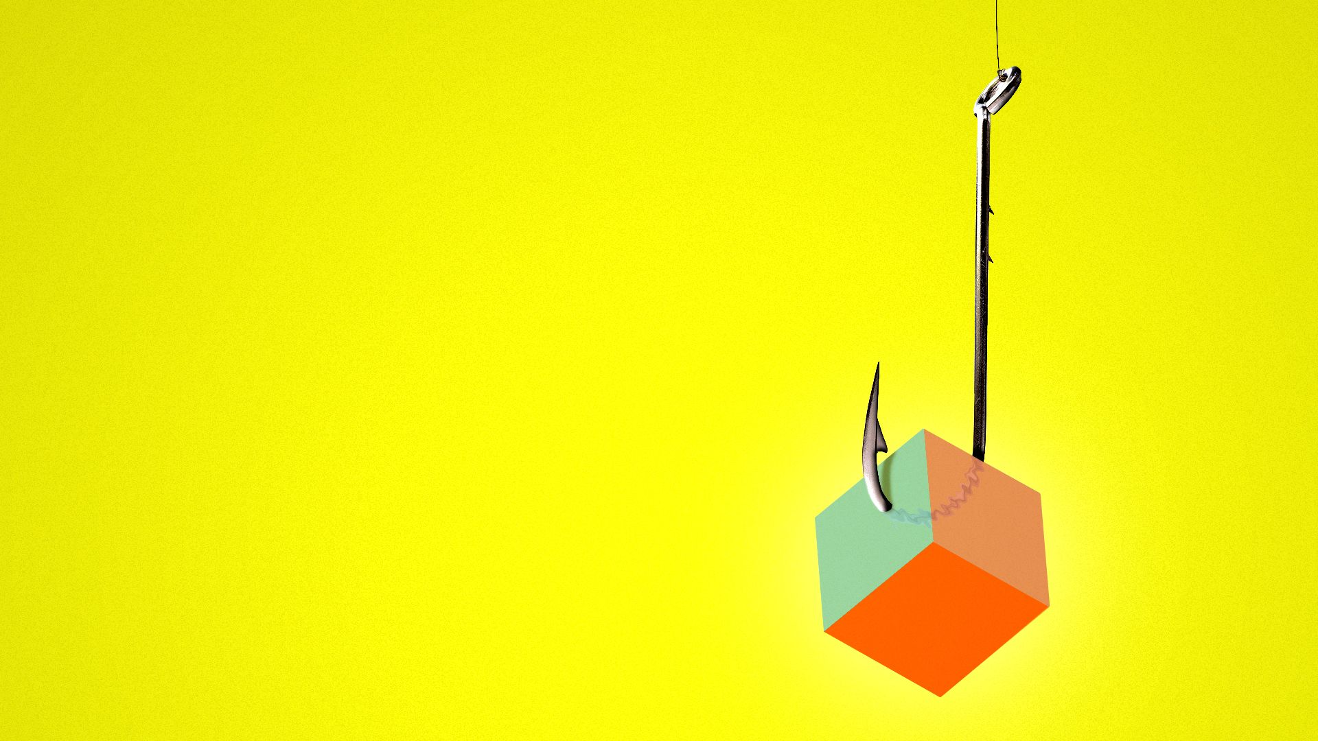 Illustration of a fishing hook with a speared multi-colored cube