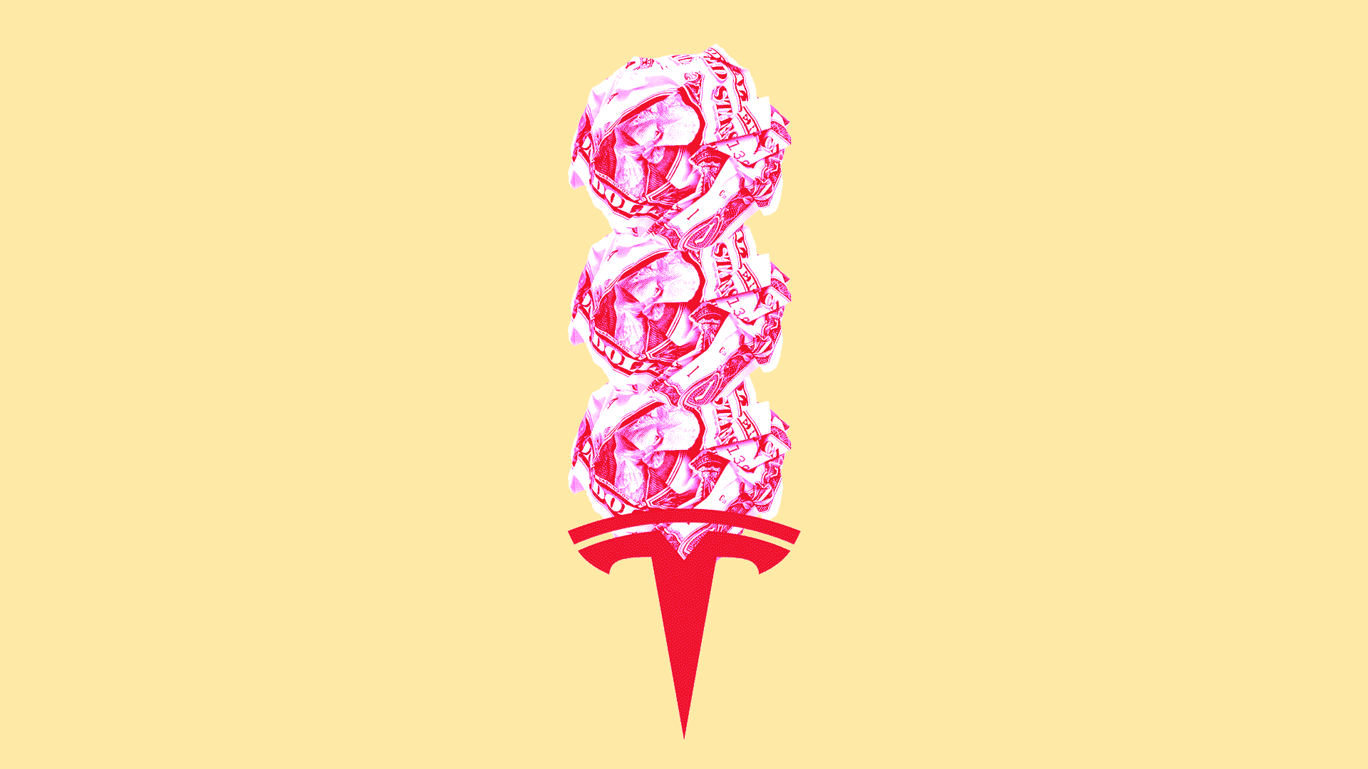 Illustration of Tesla logo as an ice cream cone with money instead of ice cream 