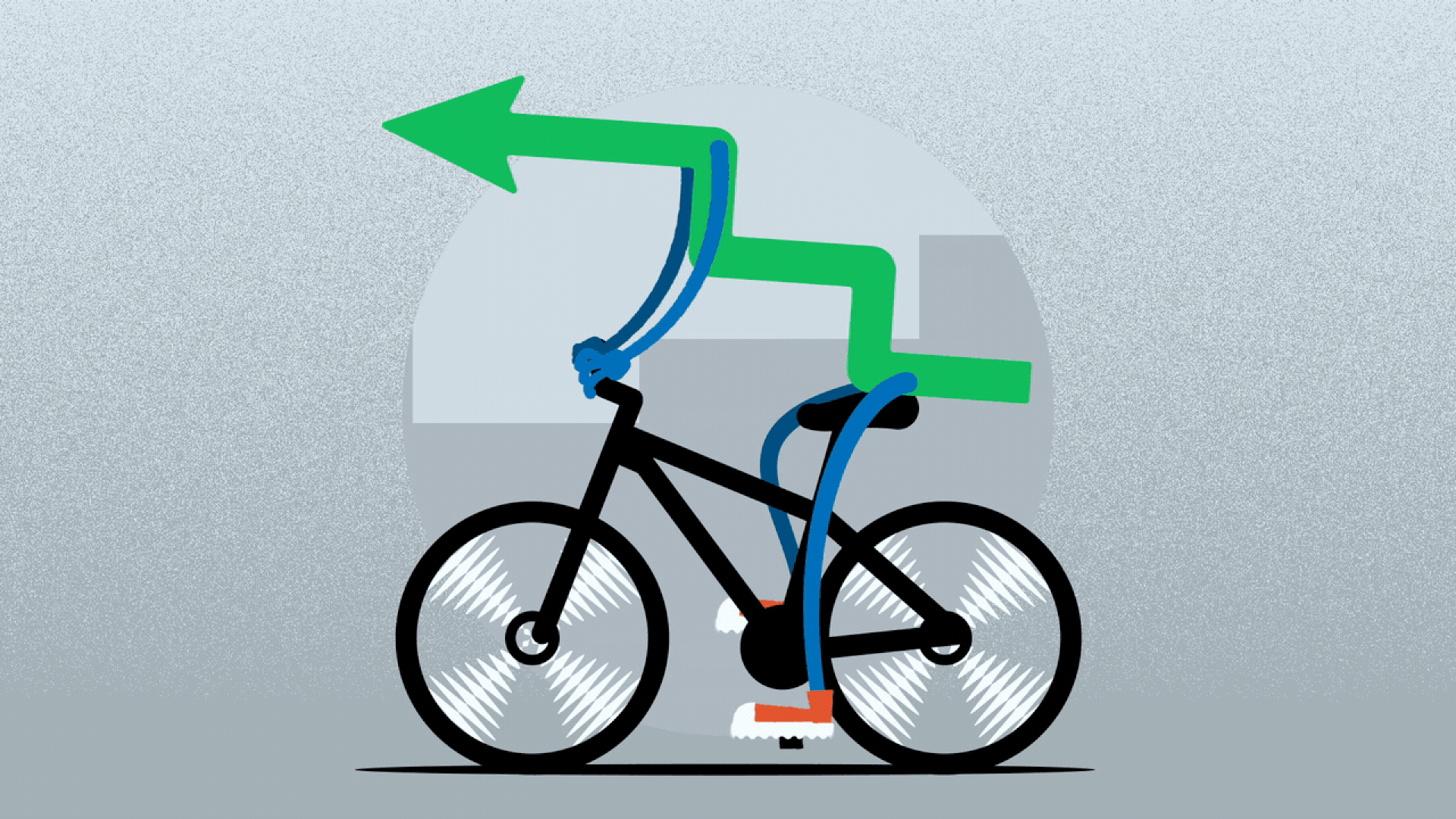 Illustration of the arrow from the Wiggle sign, with arms and legs, riding a bike.