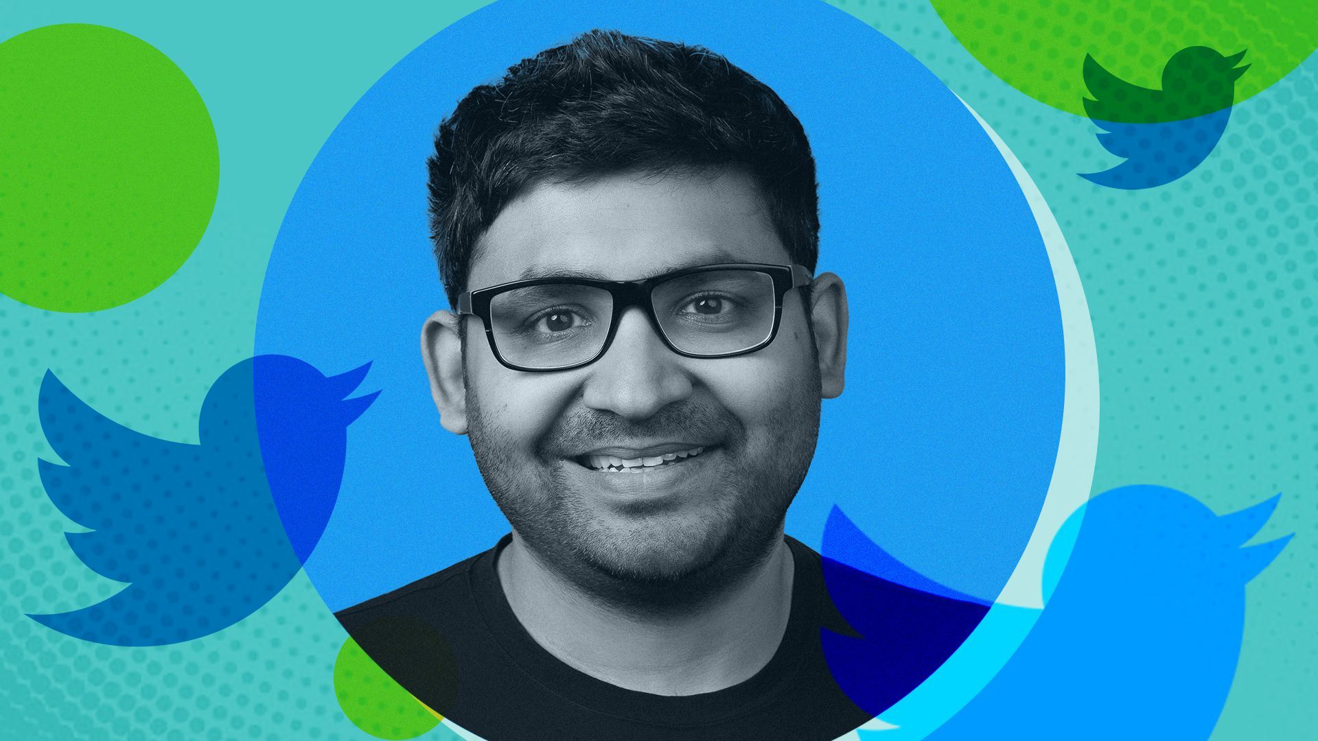 Photo illustration of Parag Agrawal, CEO of Twitter, surrouded by the Twitter logo and abstract shapes.
