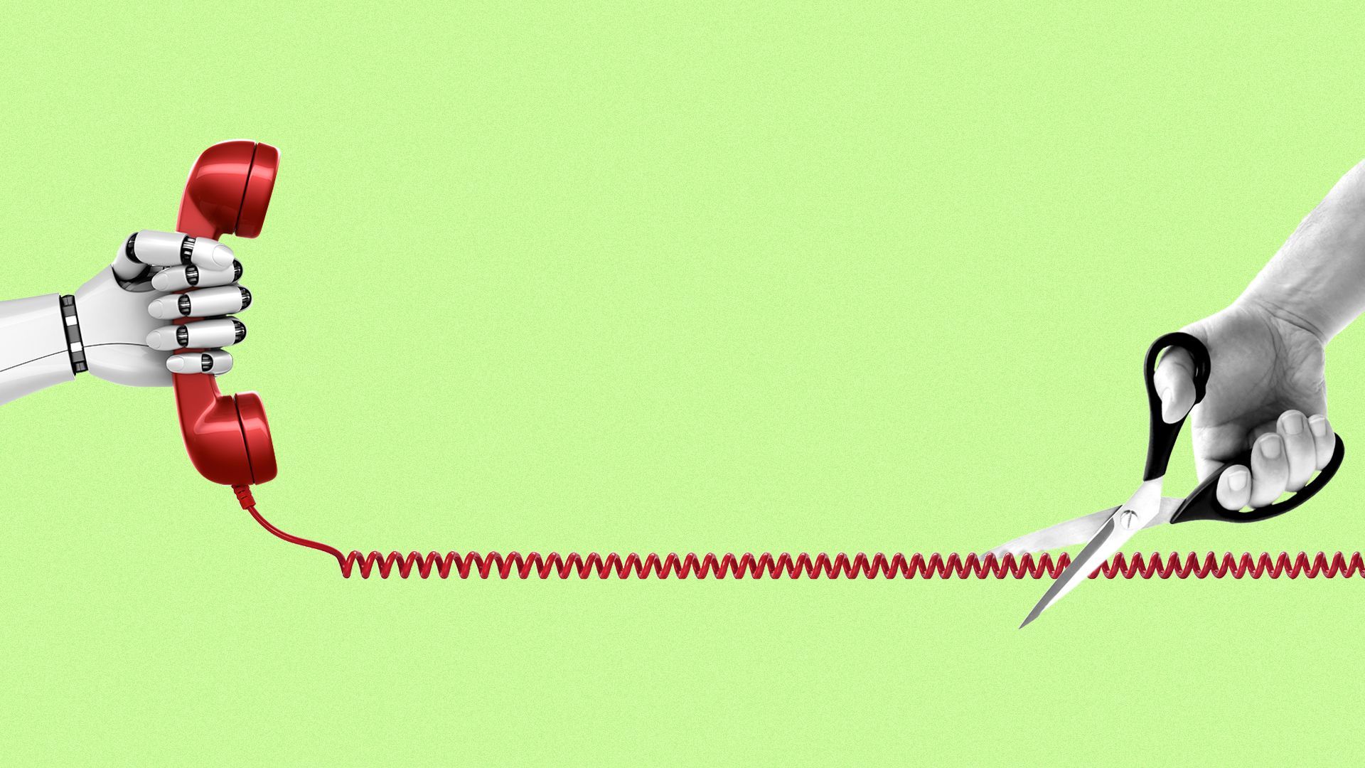 Illustration of a robot holding a phone whose cord is being cut by a human holding scissors