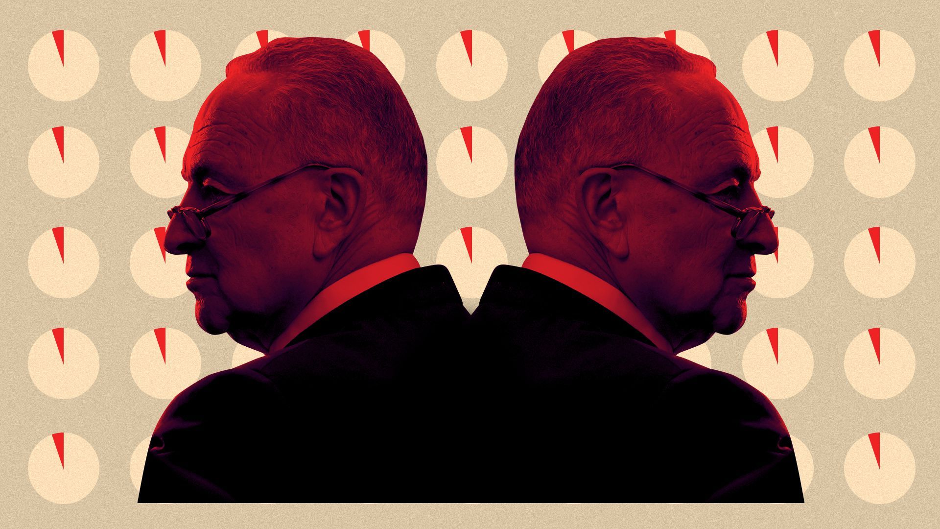 Photo illustration of Chuck Schumer in front of a wall of minimalist clocks. 