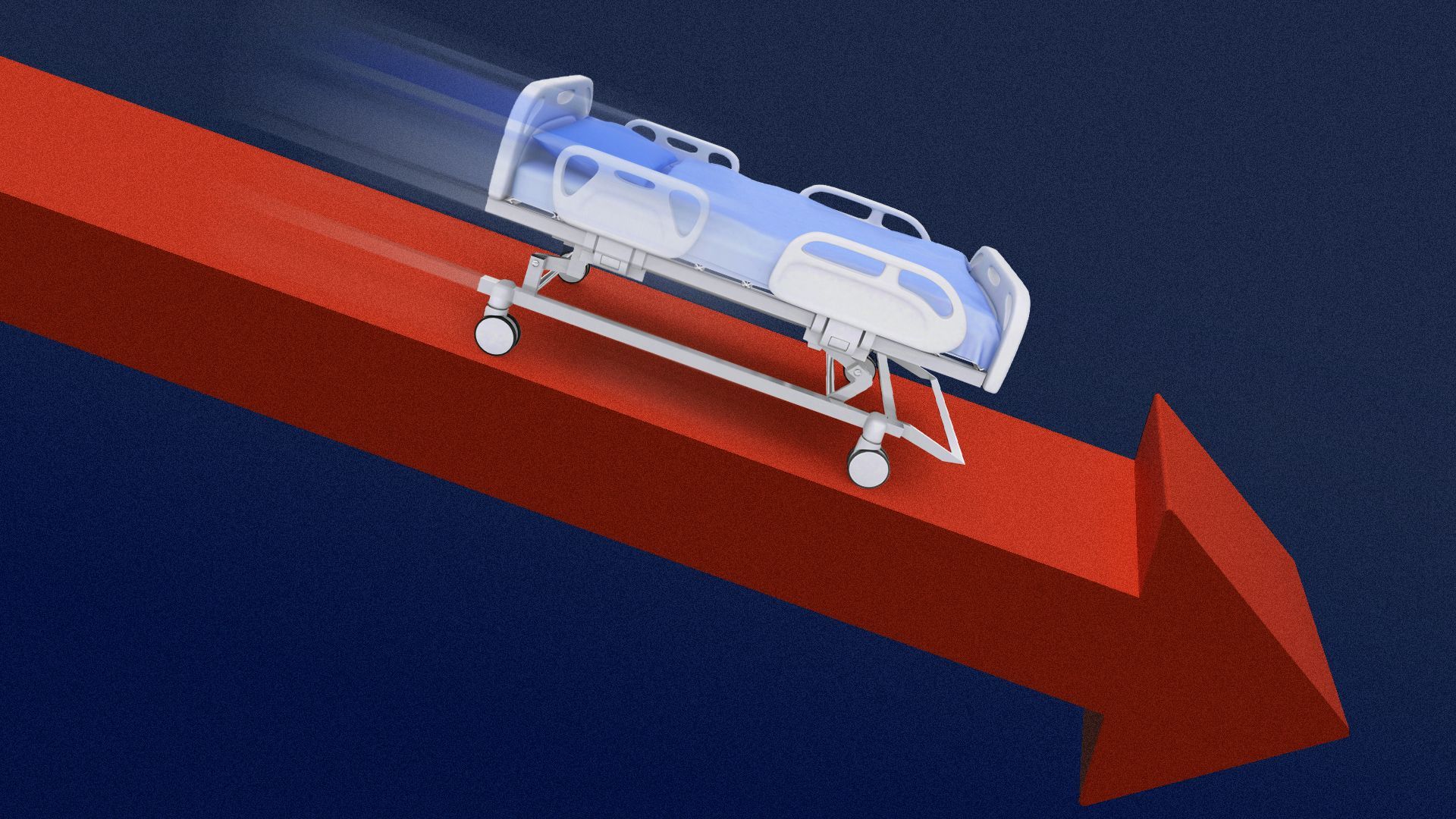 Illustration of a hospital bed rolling down a downward pointing arrow.