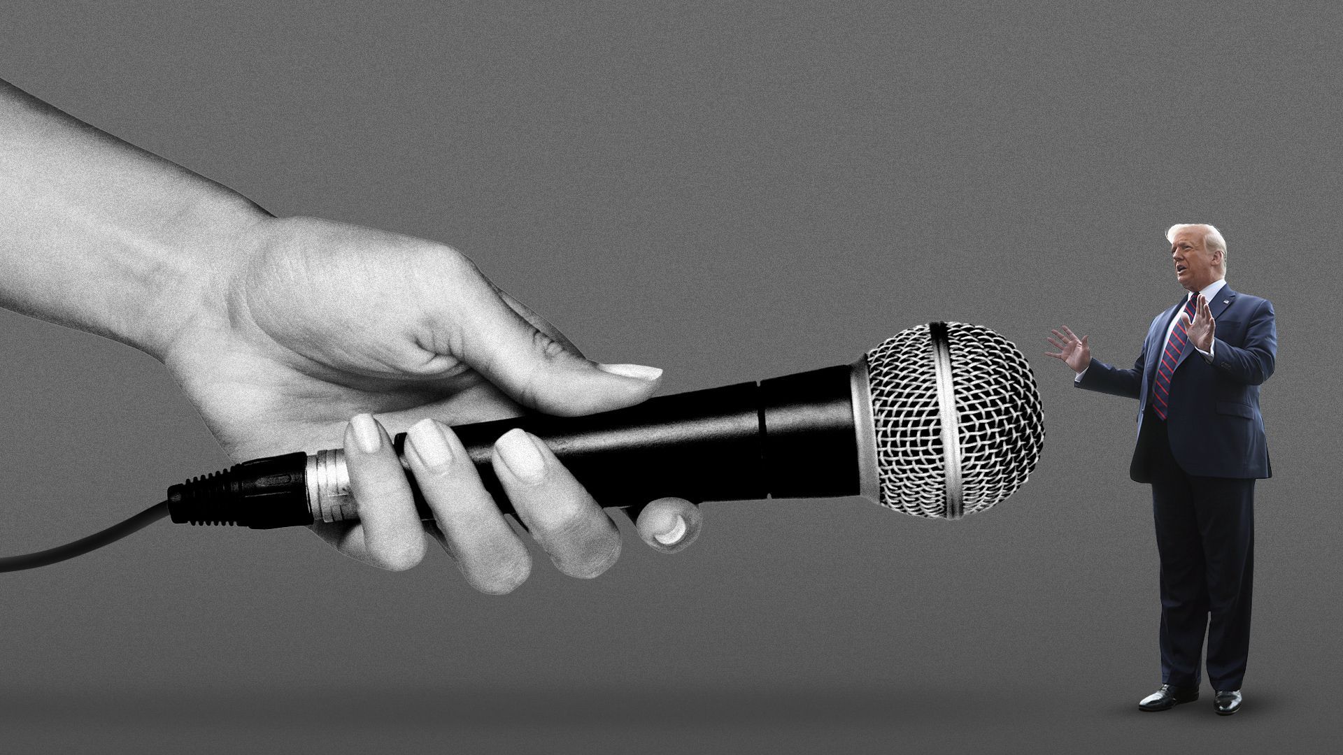 Photo illustration of a large hand holding a giant microphone next to a small Trump. 