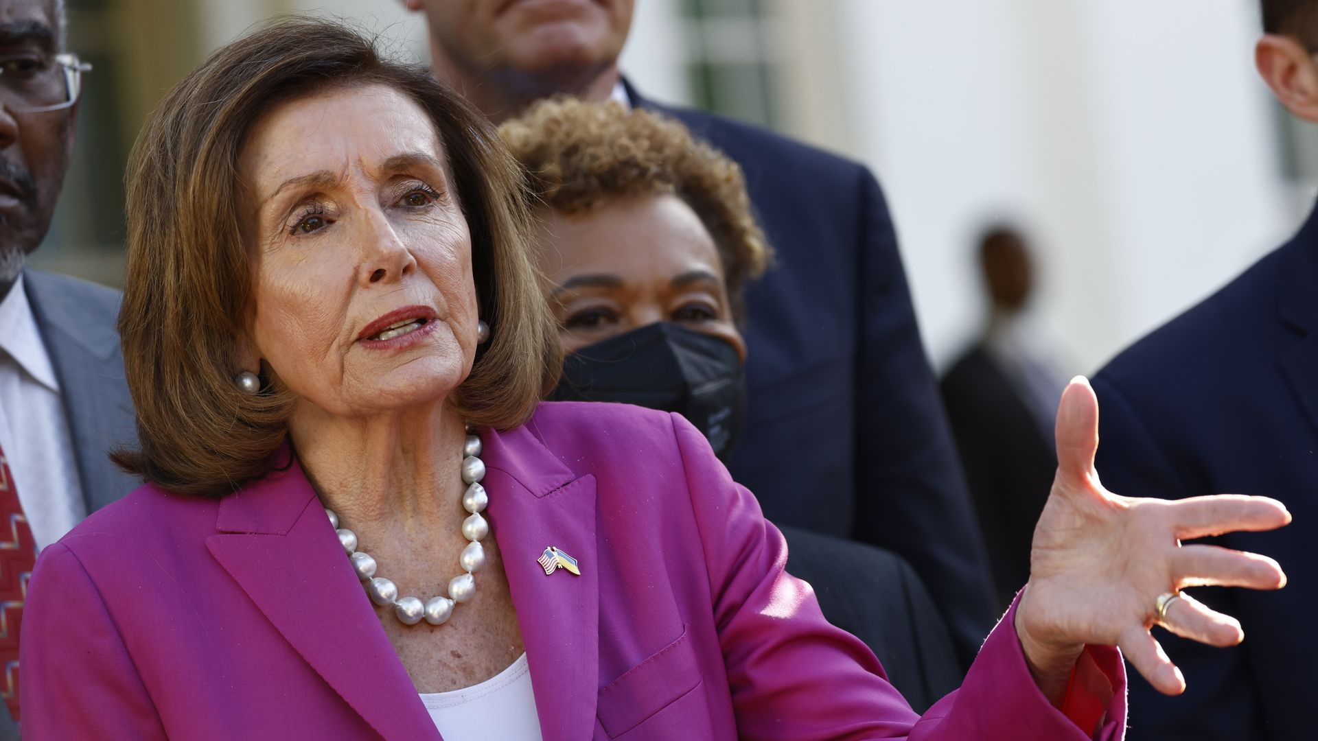 House Speaker Nancy Pelosi speaks to members of the media outside the West Wing of the White House following a meeting with President Joe Biden in Washington, D.C., US., on Tuesday, May 10.