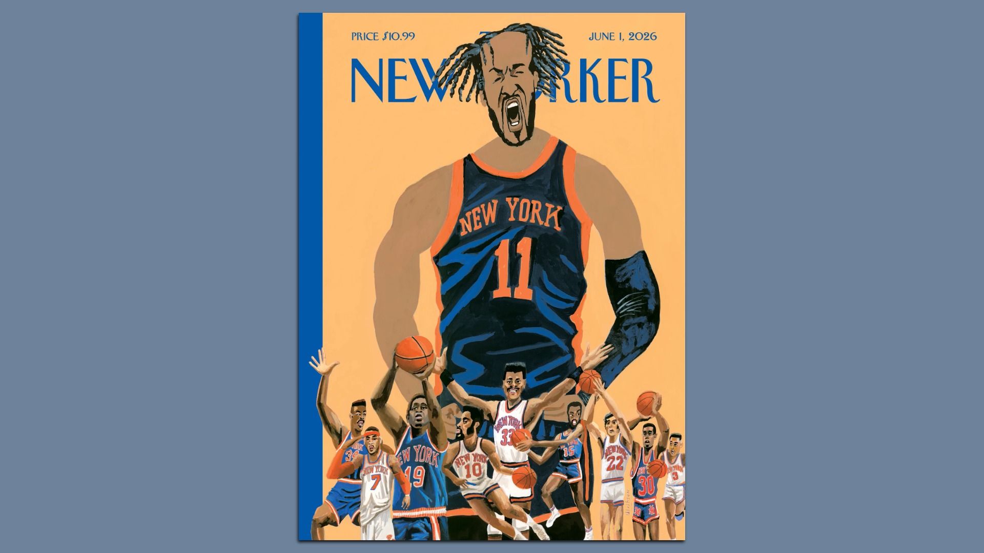 Illustrated magazine cover: a giant basketball player in a blue and orange New York jersey (#11) dominates an orange background, with a crowd at the bottom; blue spine and "New Yorker".