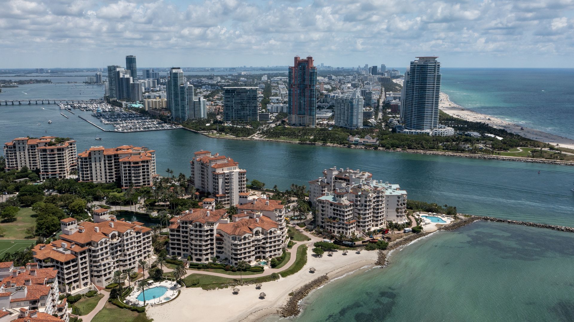  A general aerial view of Fisher Island and South Beach on May 31, 2024 in Miami Beach, Florida.