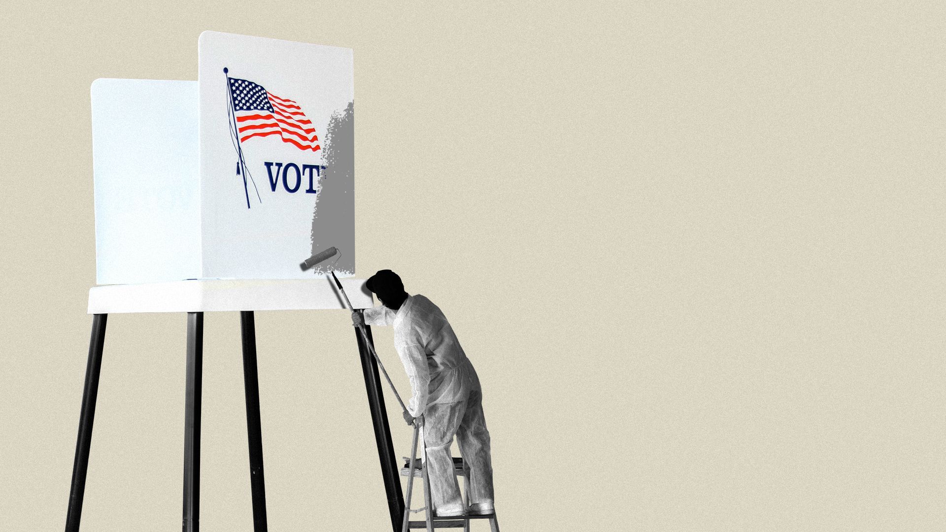 Illustration of a man on a ladder painting the side of a voting booth.