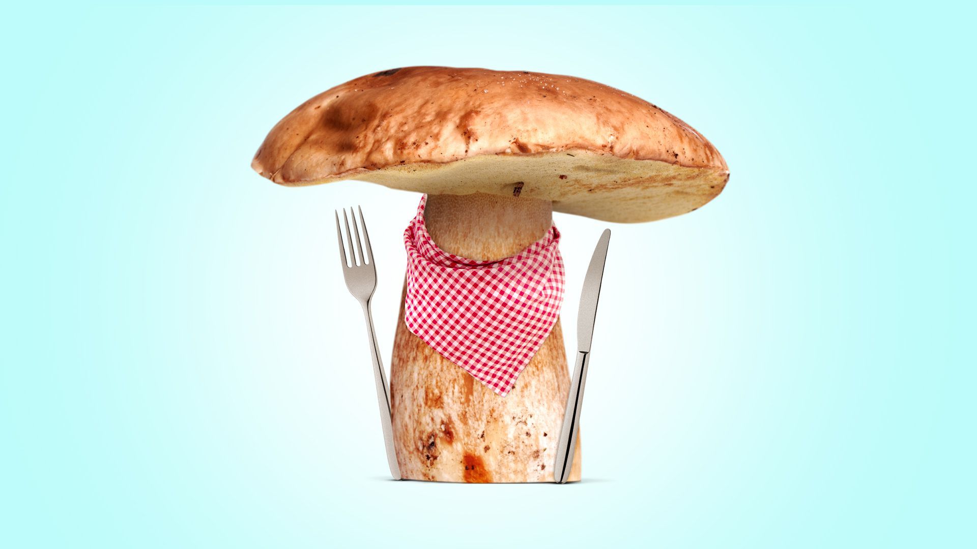 Illustration of a mushroom wearing a napkin around the trunk with a fork and knife