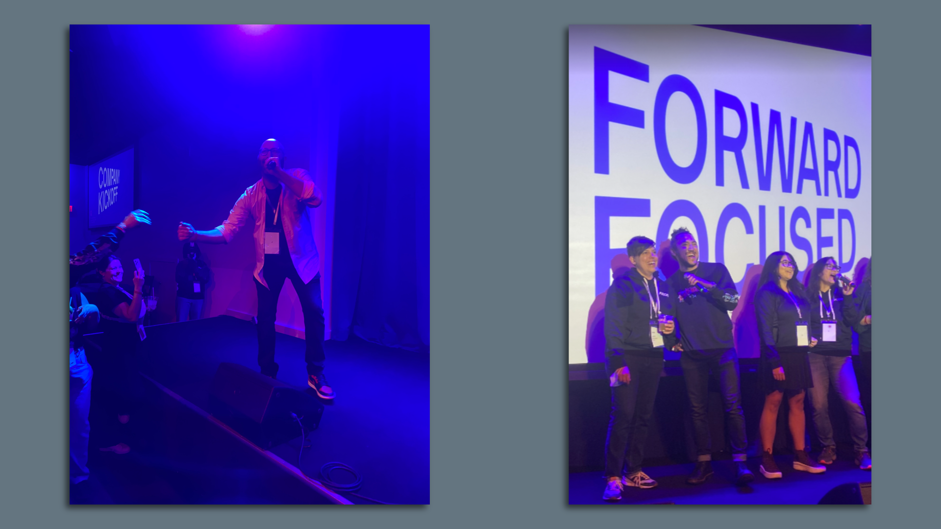 Two photos side by side of singing on a stage. 