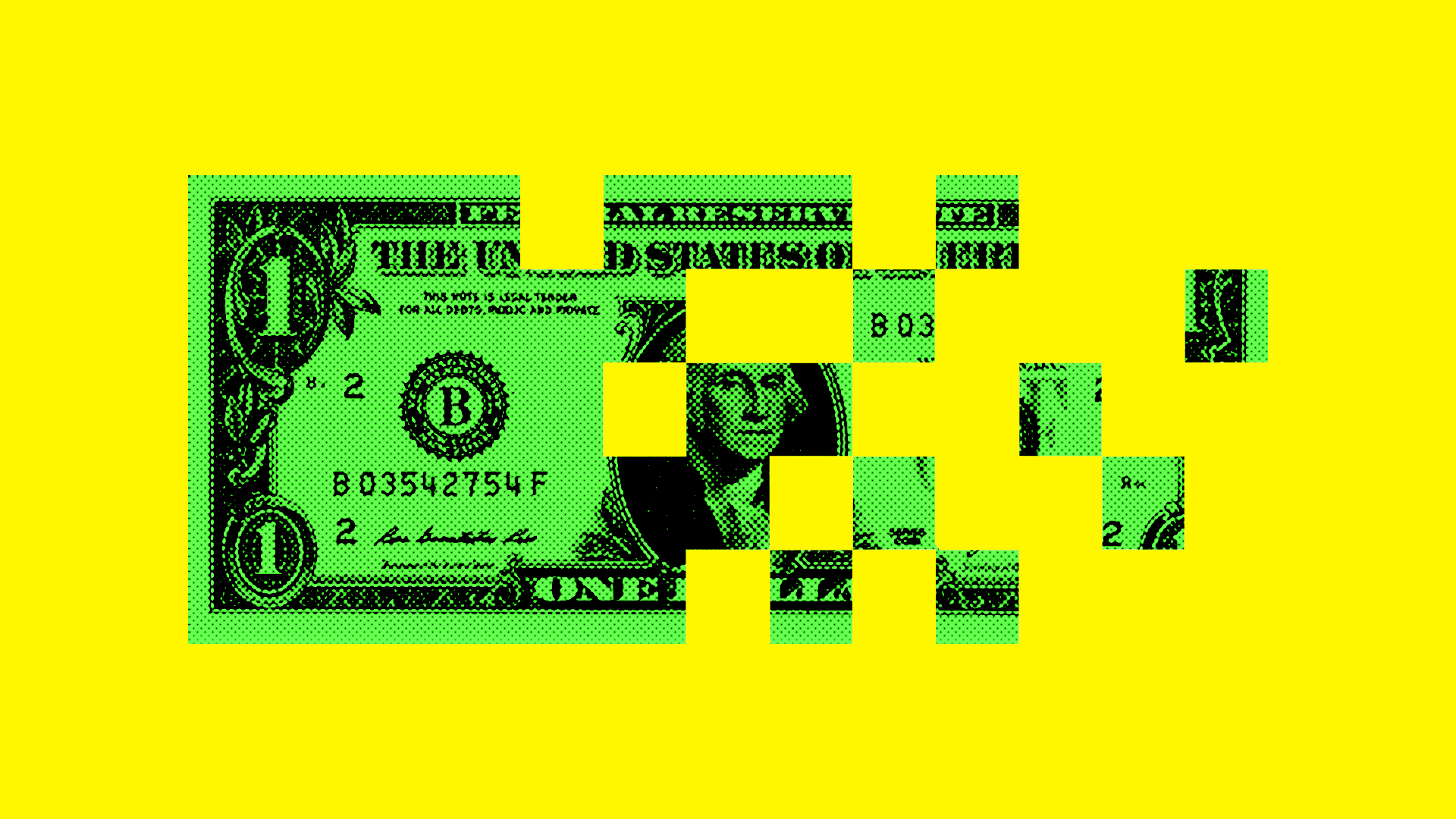 Illustration of a dollar bill fading into pixellated holes