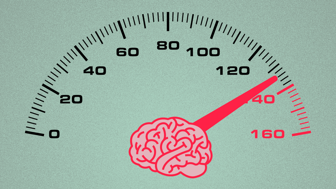 Illustration of a car speedometer fluctuating between 120 and 160 mph, with a brain icon at the center.