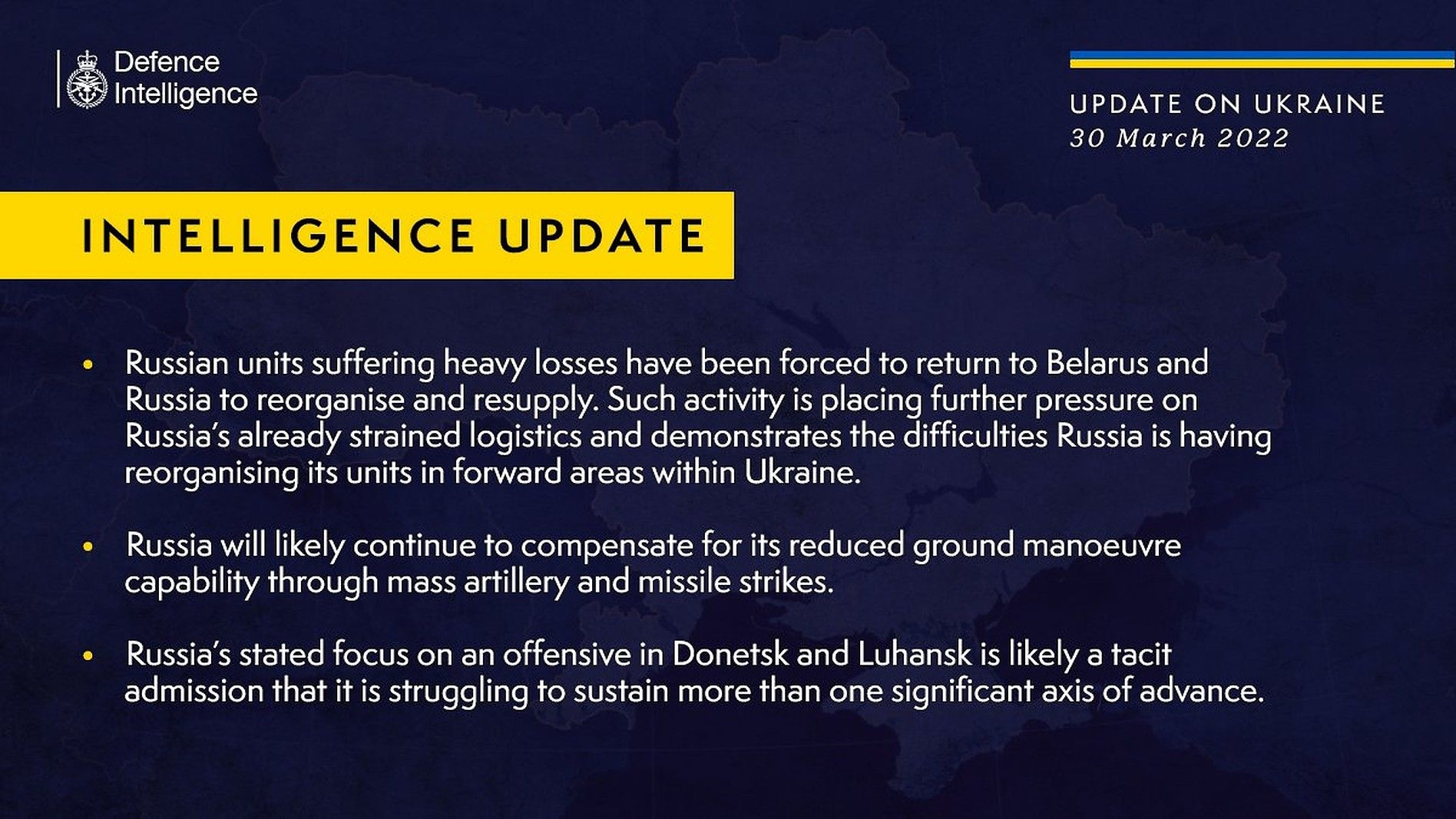 Captura de tela de uma atualização da inteligência do Reino Unido que a Ucrânia alerta sobre a reintegração das forças russas na Bielorrússia.