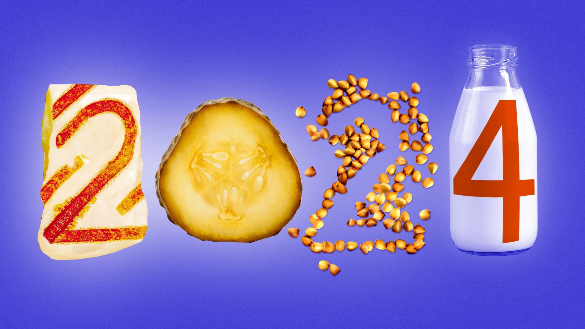 Illustration of the numbers 2024 formed by a piece of halloumi, a pickle, a pile of buckwheat, and a glass bottle of camel milk.