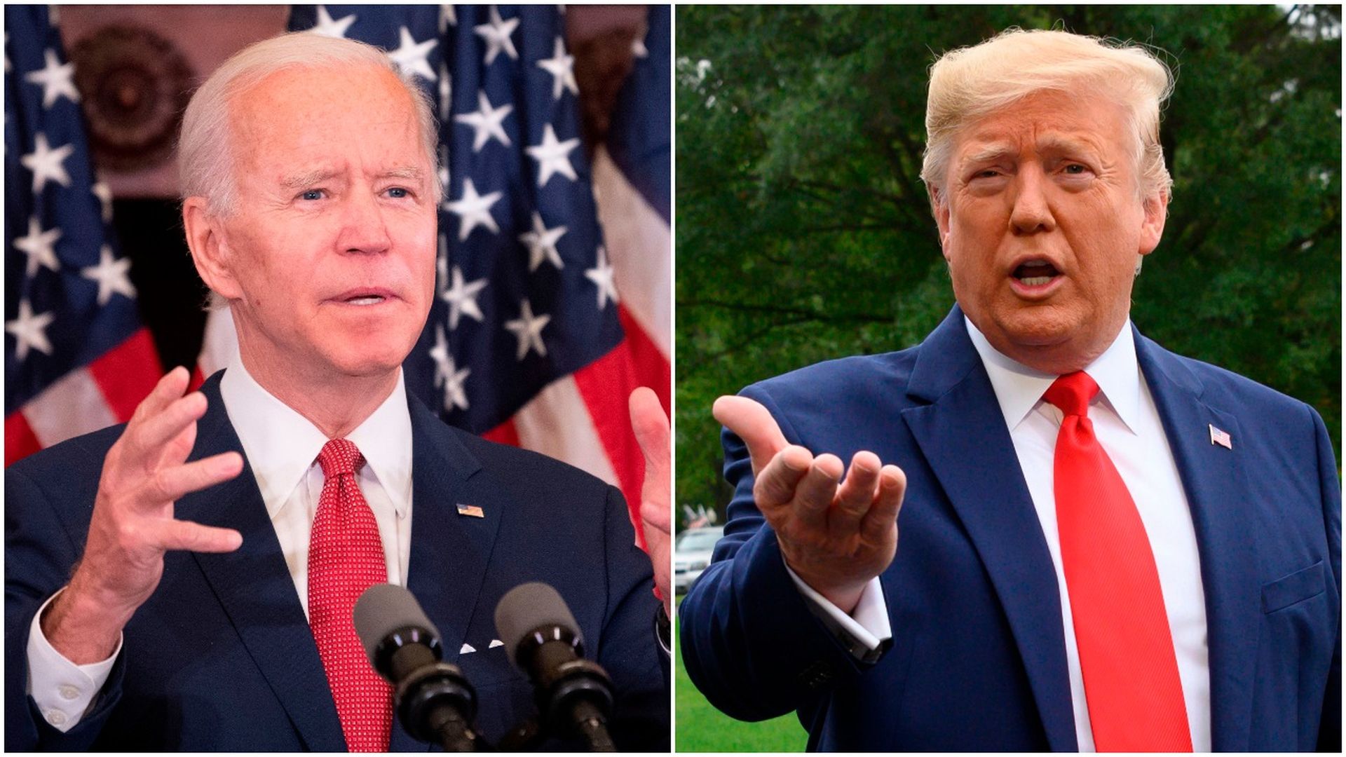 Pic stitch of Joe Biden and President Donald Trump with their hands in the air