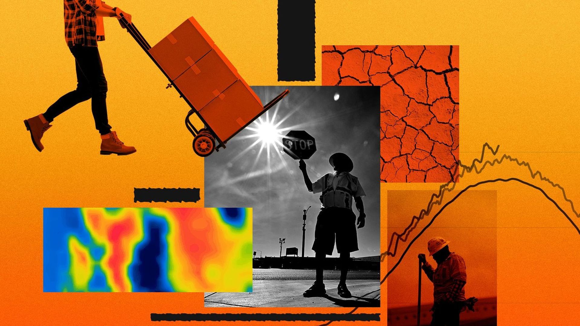 Photo illustration of workers outside in the heat, surrounded by abstract shapes.