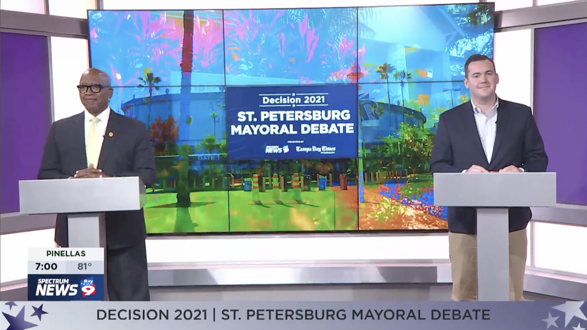 St. Pete mayoral candidates Ken Welch and Robert Blackmon at podiums in the Bay News 9 studio