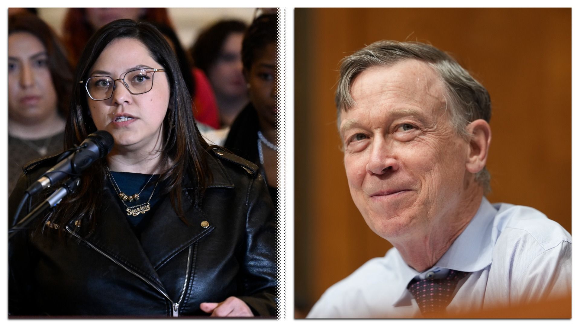 State Sen. Julie Gonzales, left, and U.S. Sen. John Hickenlooper. Photos: RJ Sangosti/Denver Post via Getty Images and Eric Lee/Bloomberg via Getty Images