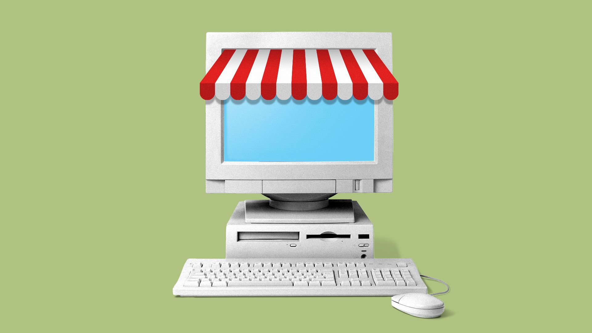 Illustration of a computer with a shop awning on the screen. 