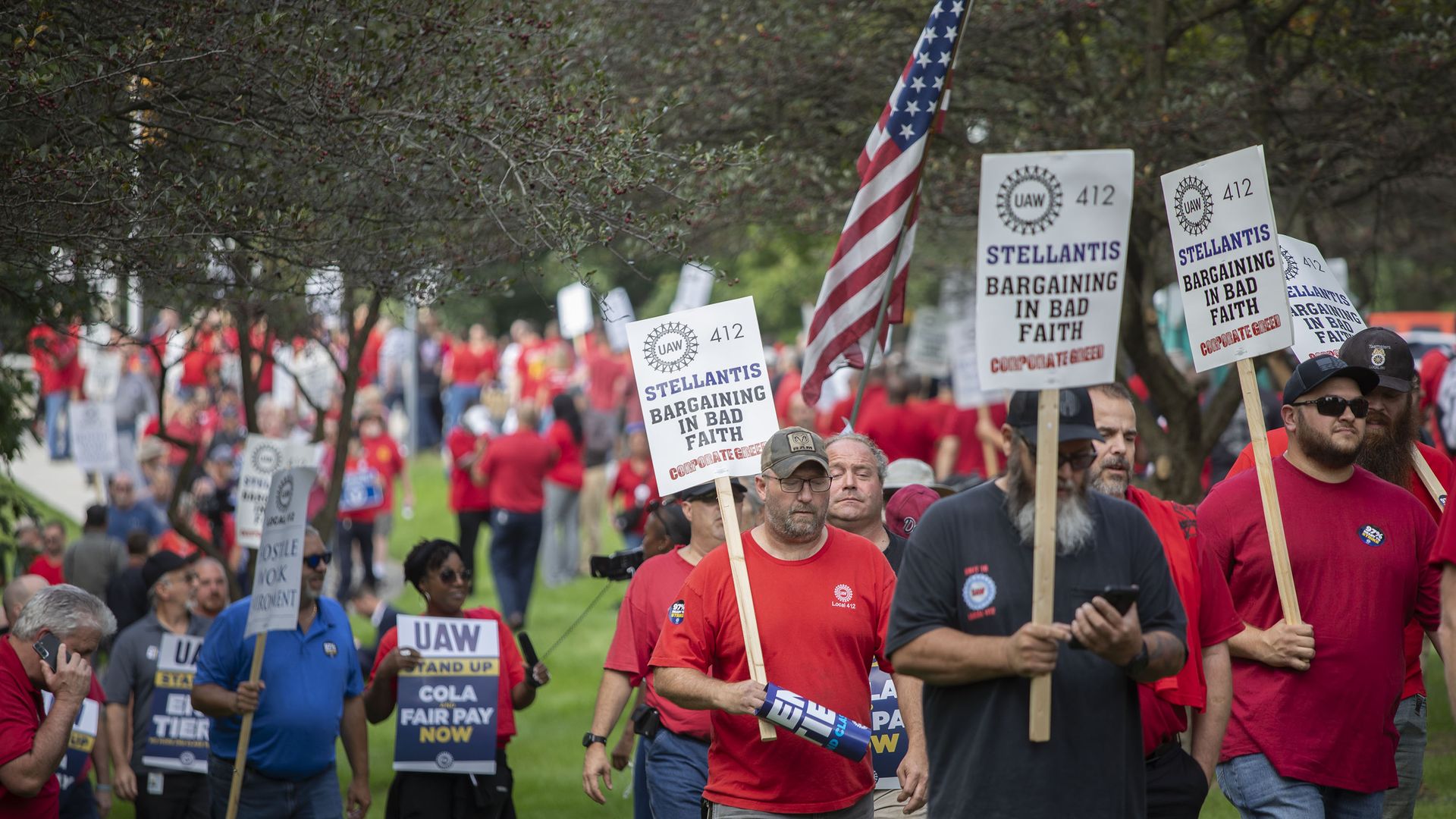 United Auto Workers members and supporters rally at the Stellantis North America headquarters on September 20, 2023 in Auburn Hills, Michigan.