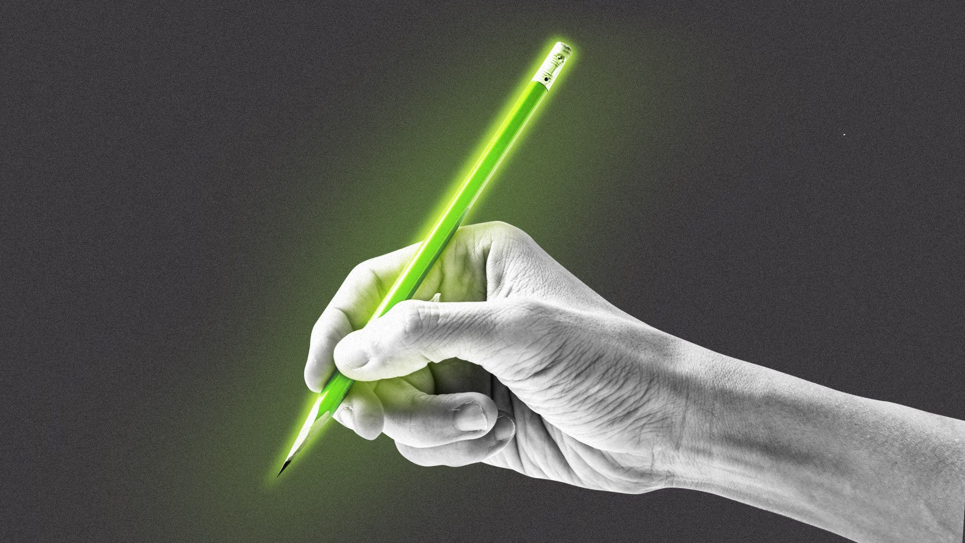 Illustration of a hand holding a glowing green pencil