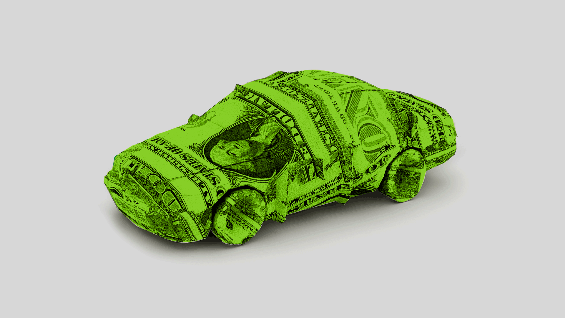 An illustration of a car wrapped in money.