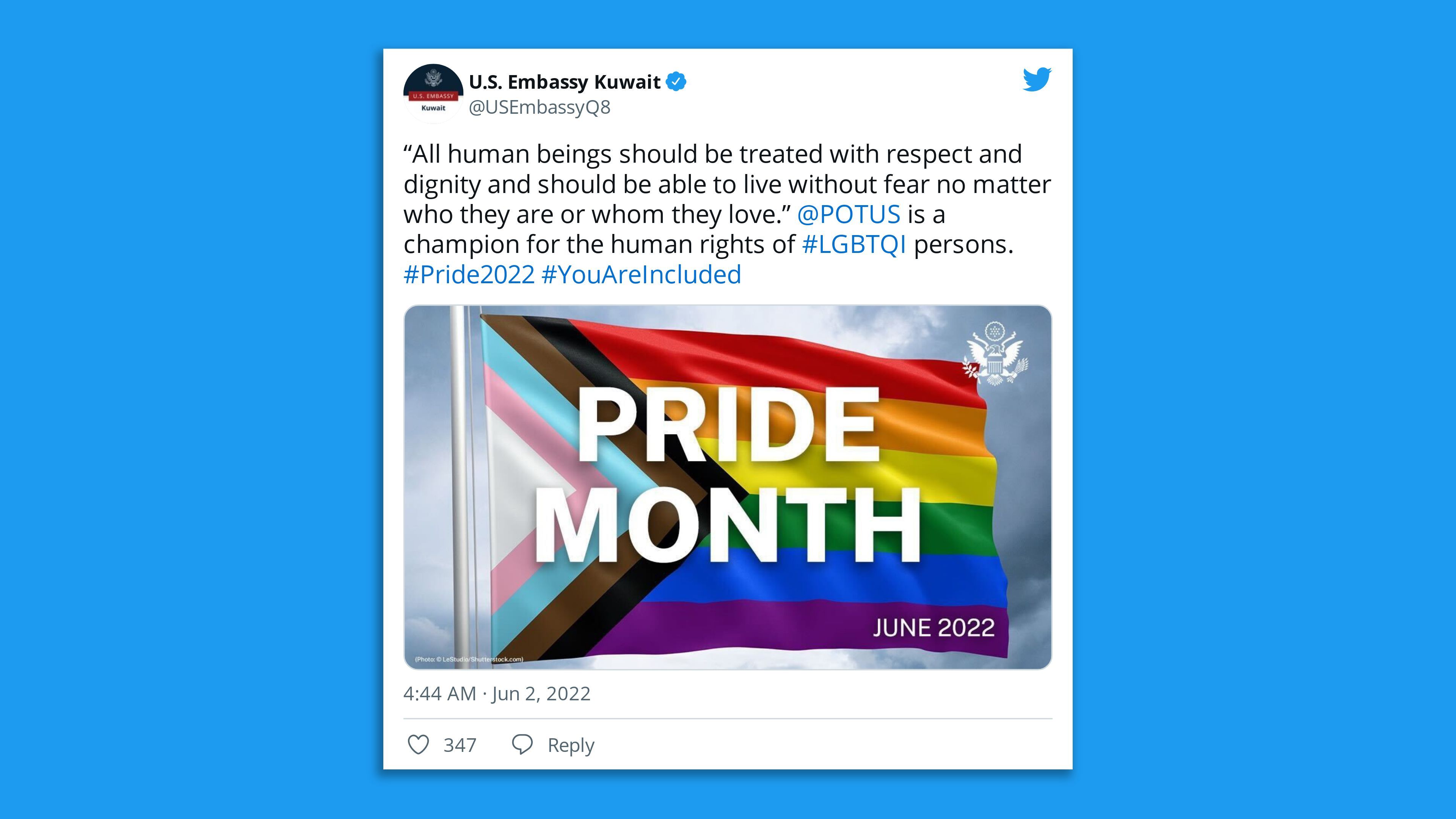 A screenshot of the U.S. Embassy in Kuwait's Twitter Post supporting LGBTQ+ rights during Pride Month.