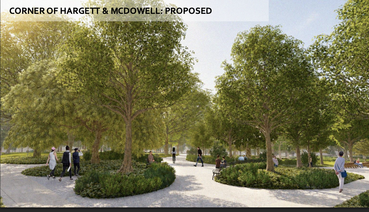 Proposed park at the corner of Hargett & McDowell: tree-lined plaza with curved walkways, circular shrub beds, benches, and people strolling under dappled sunlight.