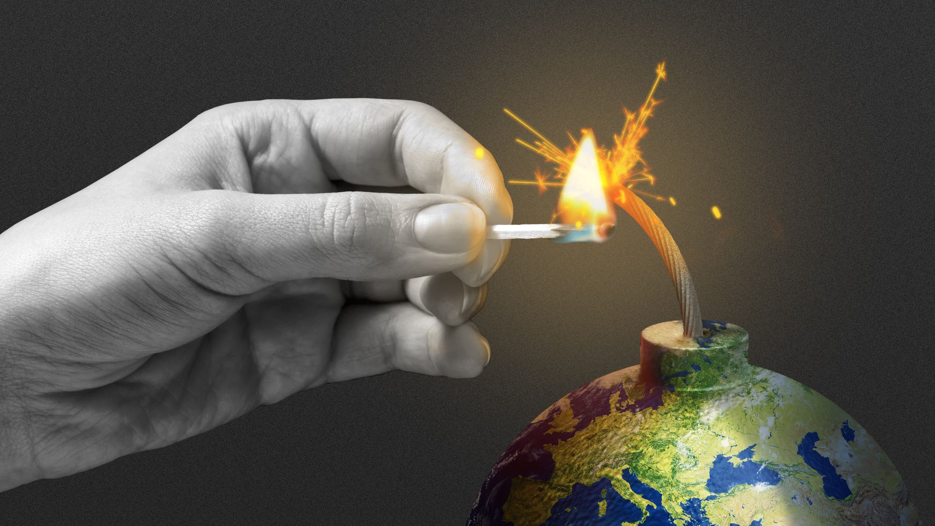 Illustration of a hand lighting a fuse on a bomb shaped like earth