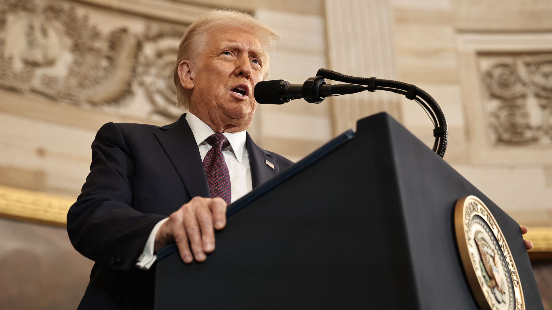 Donald Trump delivers his inaugural address after being sworn in as the the 47th president of the United States in the Rotunda of the US Capitol on January 20,
