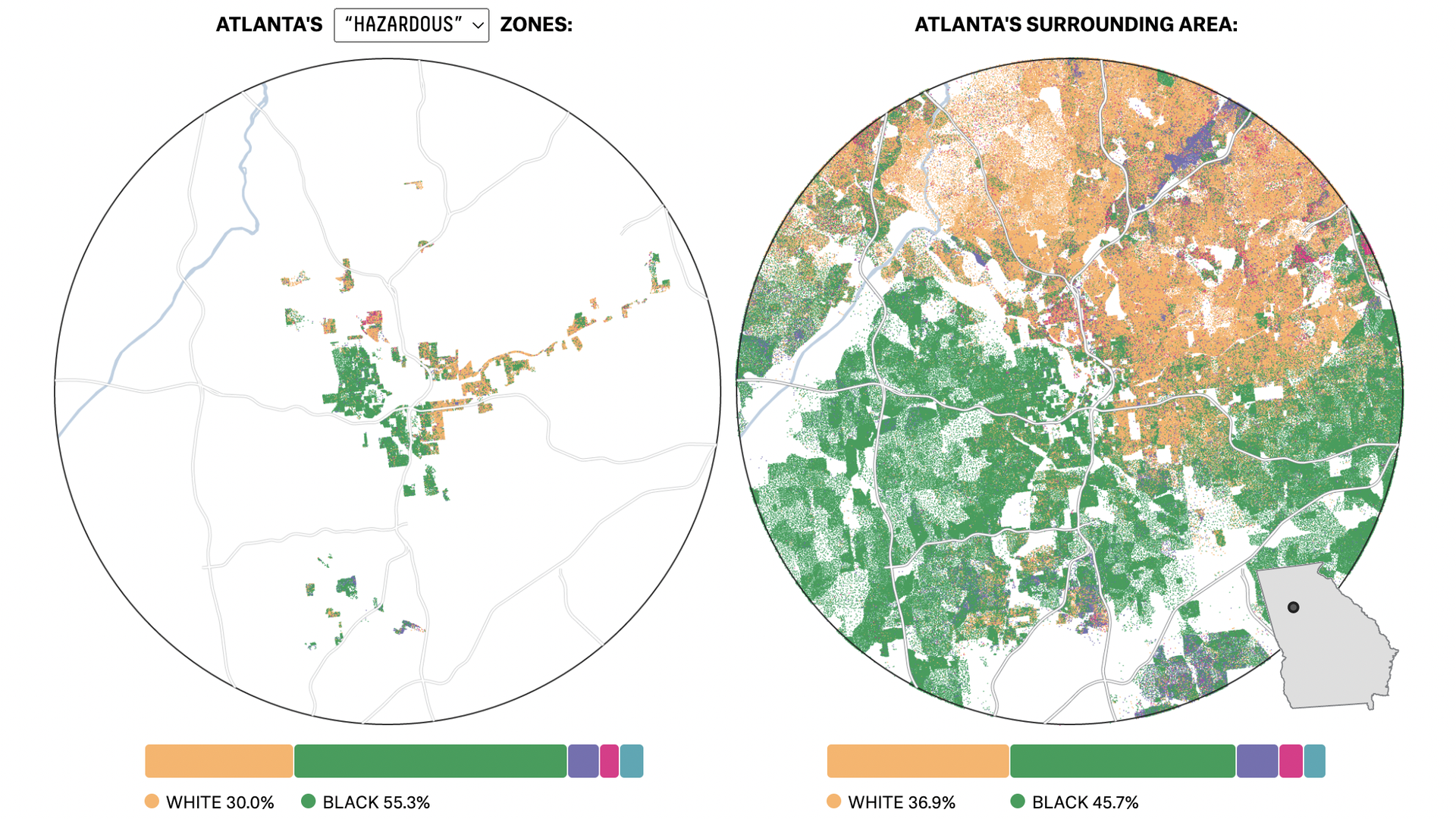 A side-by-side comparison of redlined areas in Atlanta compared to the map of today