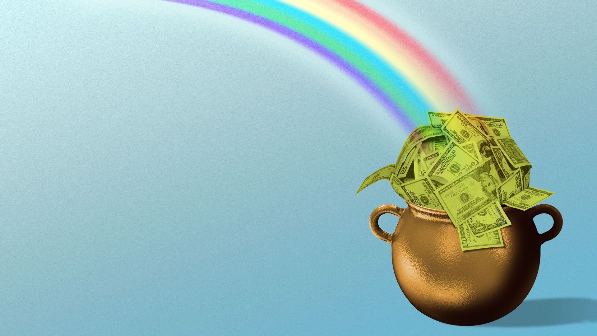 Illustration of a golden cauldron filled with money at the end of a rainbow 