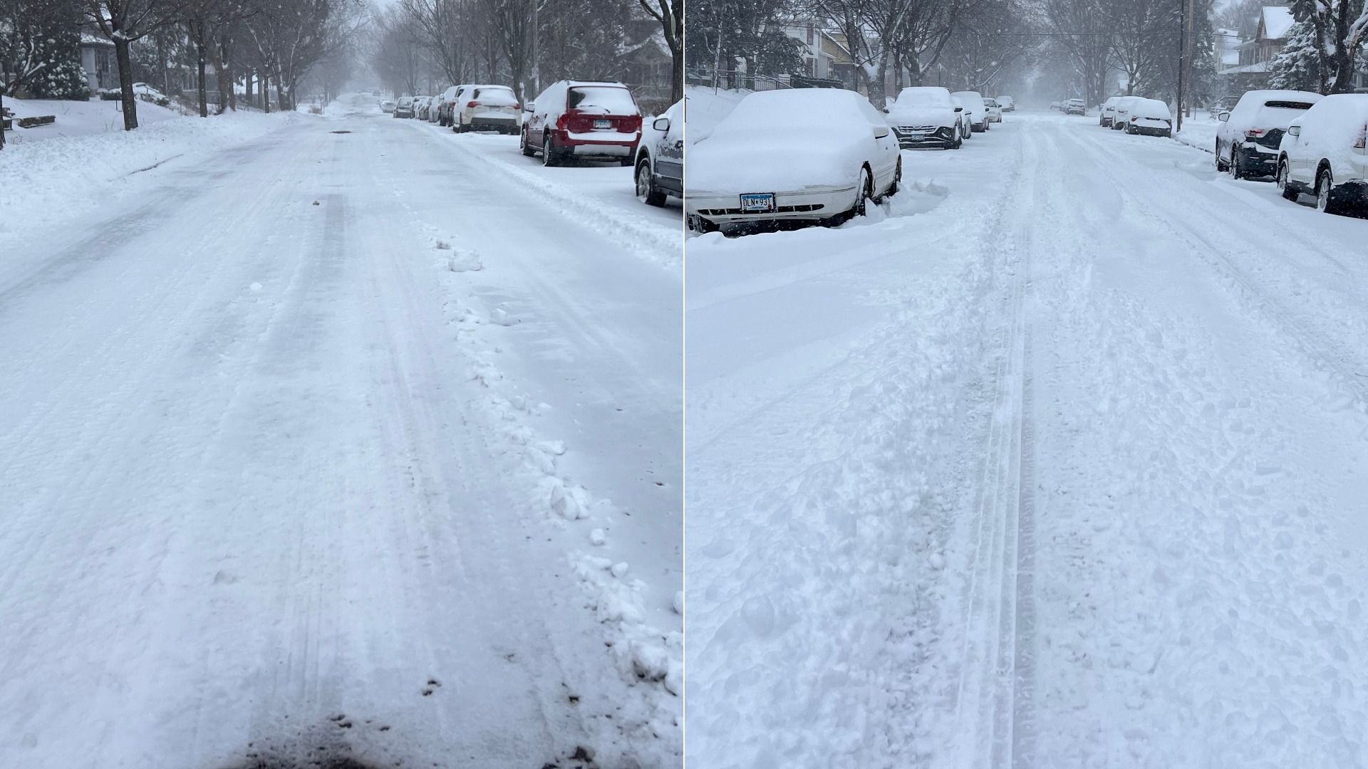 Two side-by-side snowy street scenes: a residential avenue lined with parked cars and bare trees, fresh snow cover, and packed tracks in the road, with gray, wintry skies.