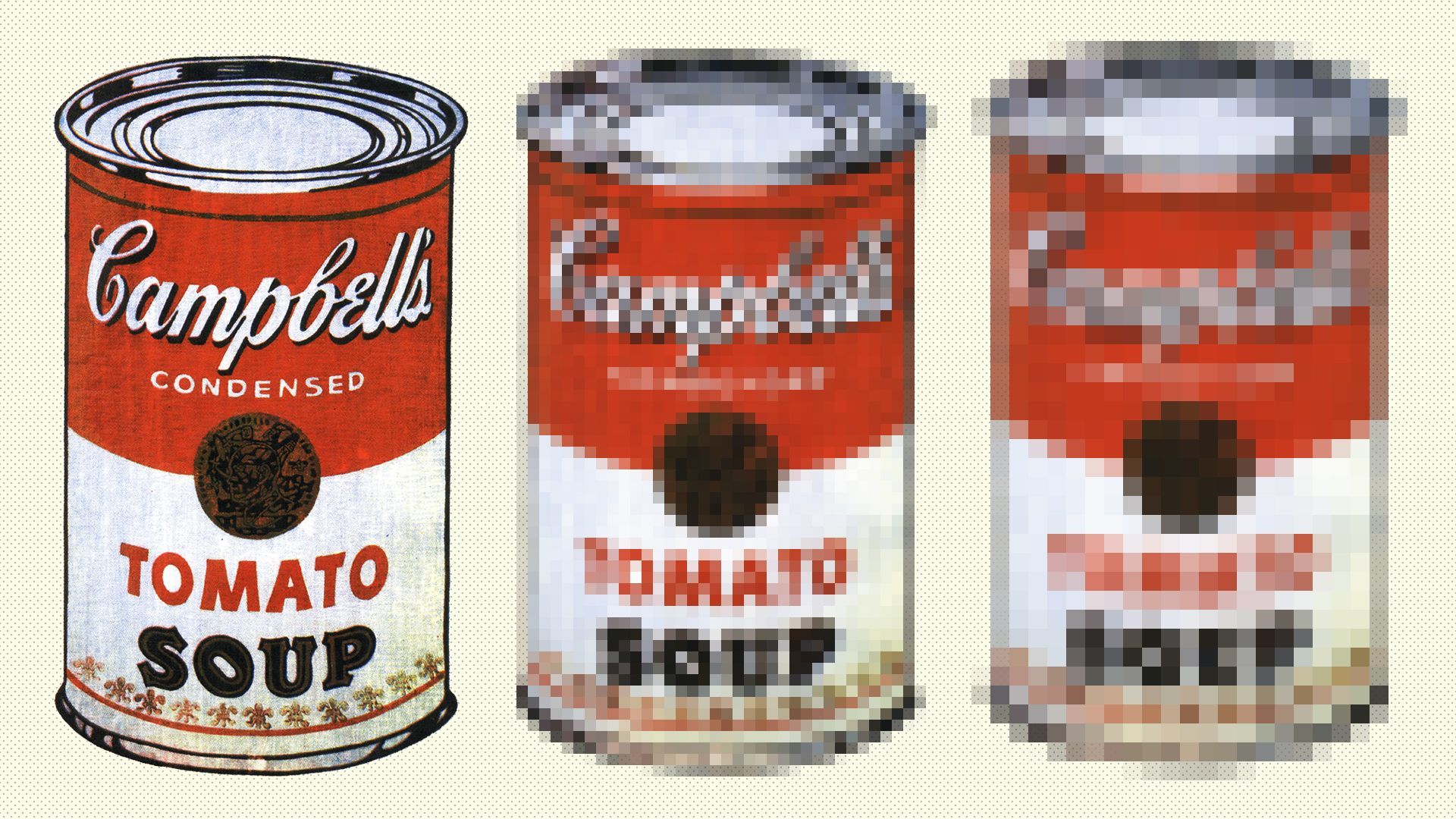 Illustration of three of Andy Warhol's Campbell's soup cans, gradually becoming pixelated.