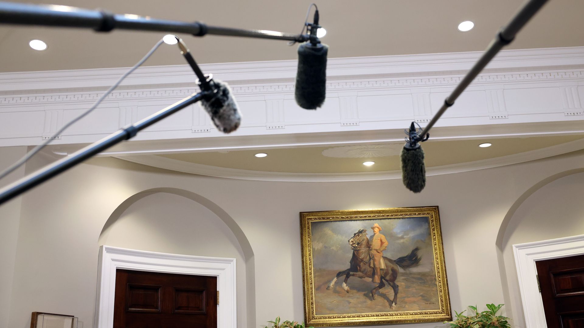 An array of boom microphones is seen in the White House Roosevelt Room.