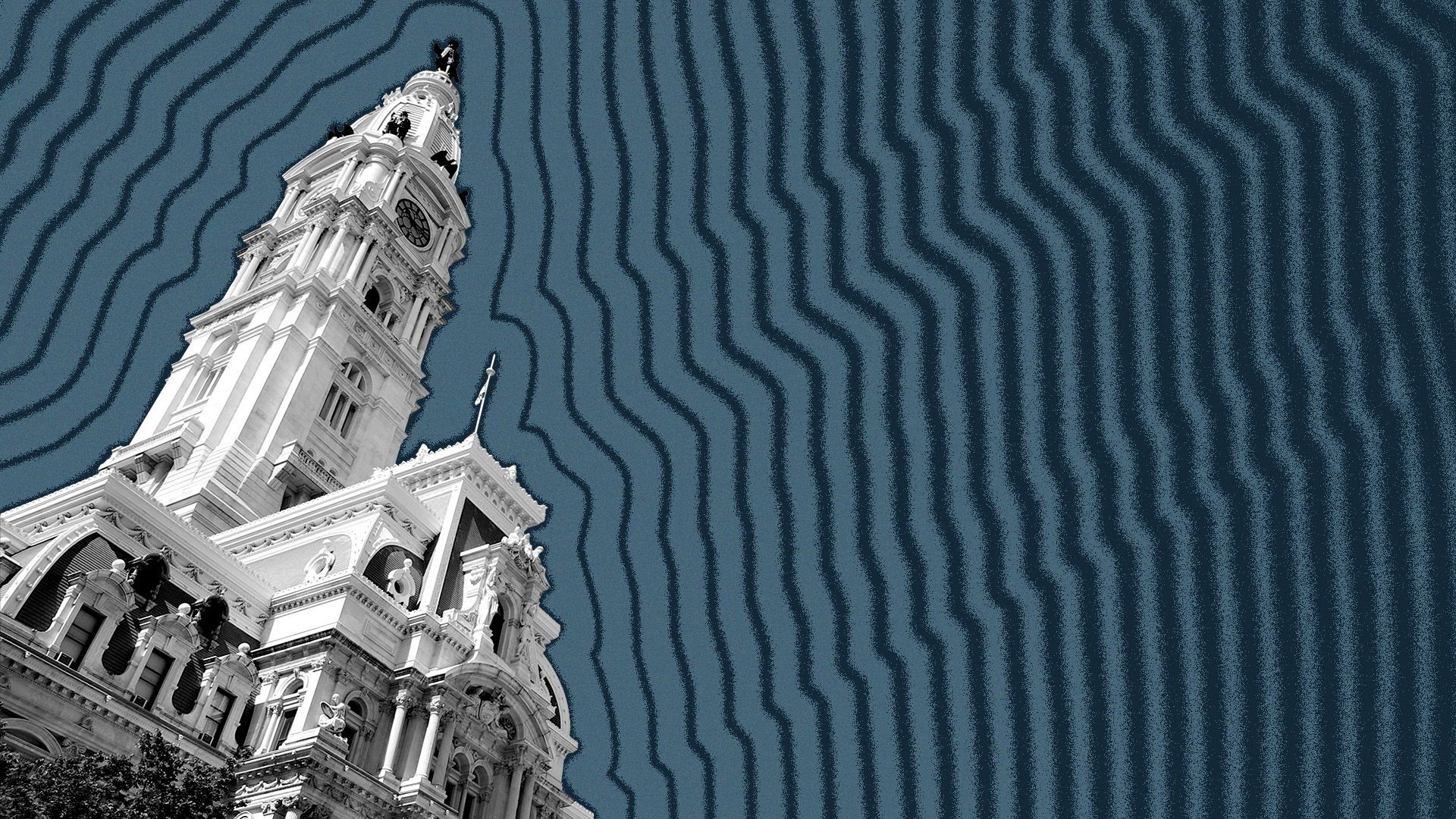 Illustration of Philadelphia City Hall with lines radiating from it.