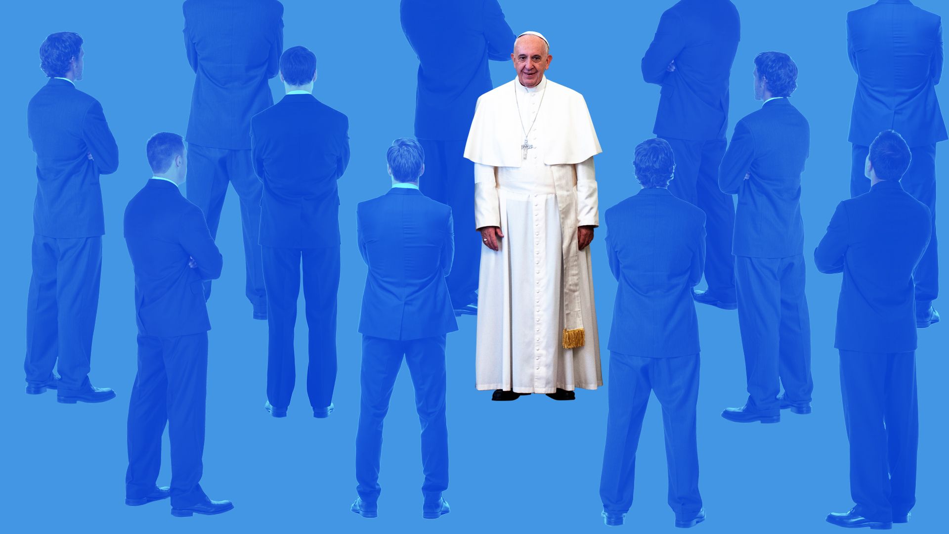 Pope Francis with the backs of men in suits. 