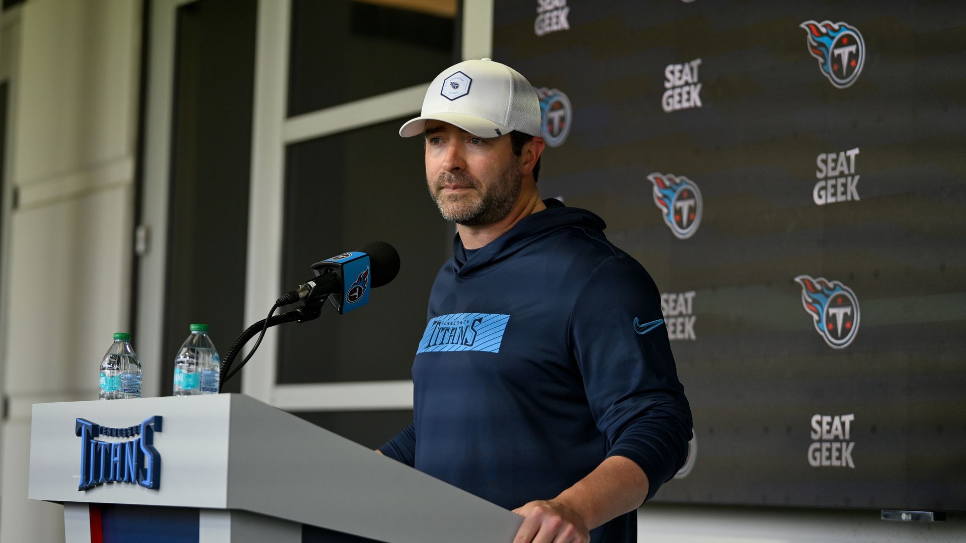 Head Coach Brian Callahan of the Tennessee Titans speaks to the media during Tennessee Titans Rookie Minicamp at Ascension Saint Thomas Sports Park on May 10, 2025 in Nashville, Tennessee.