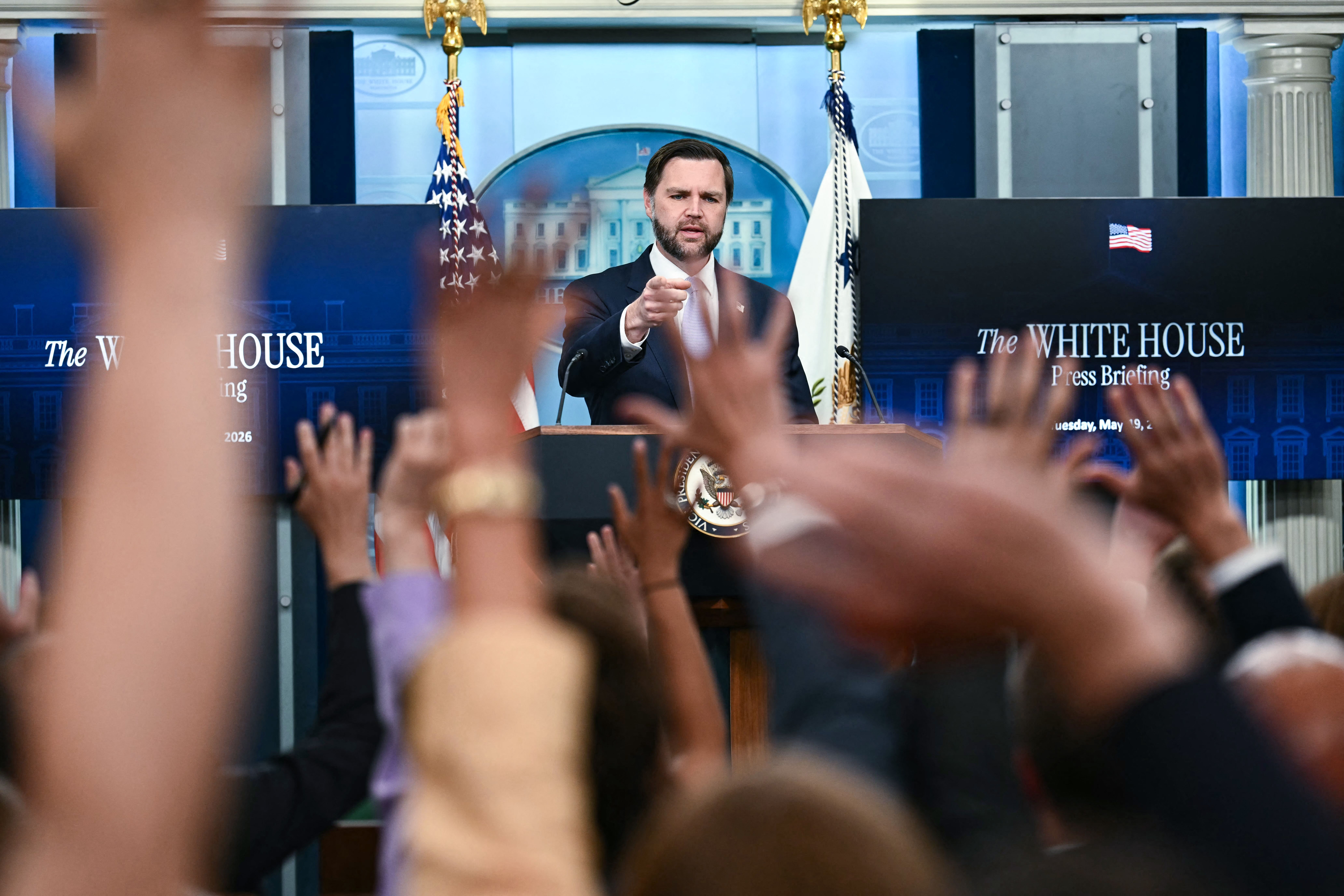 Vice President JD Vance takes questions during a White House press briefing today. Photo: Kent Nishimura/AFP via Getty Images