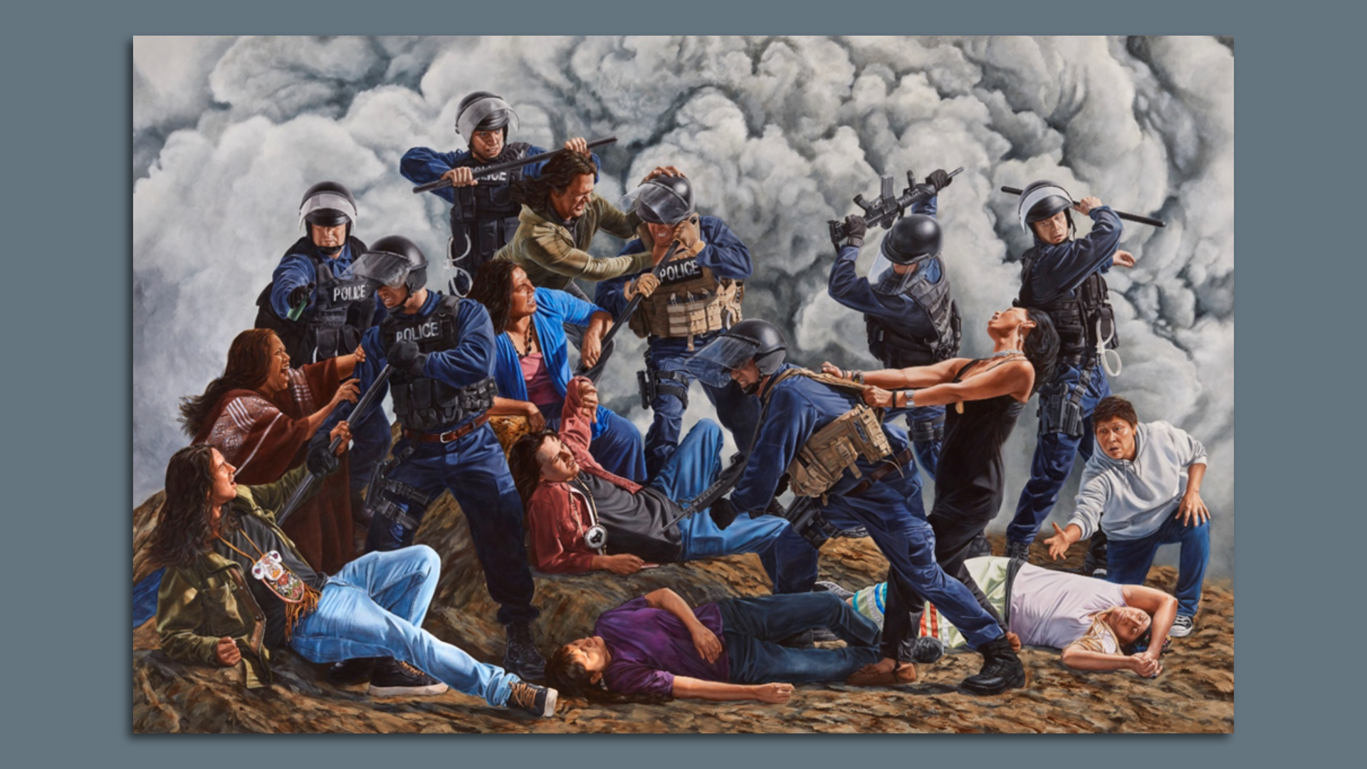 A painting depicting several police officers in military-style gear assaulting people in normal clothing. 