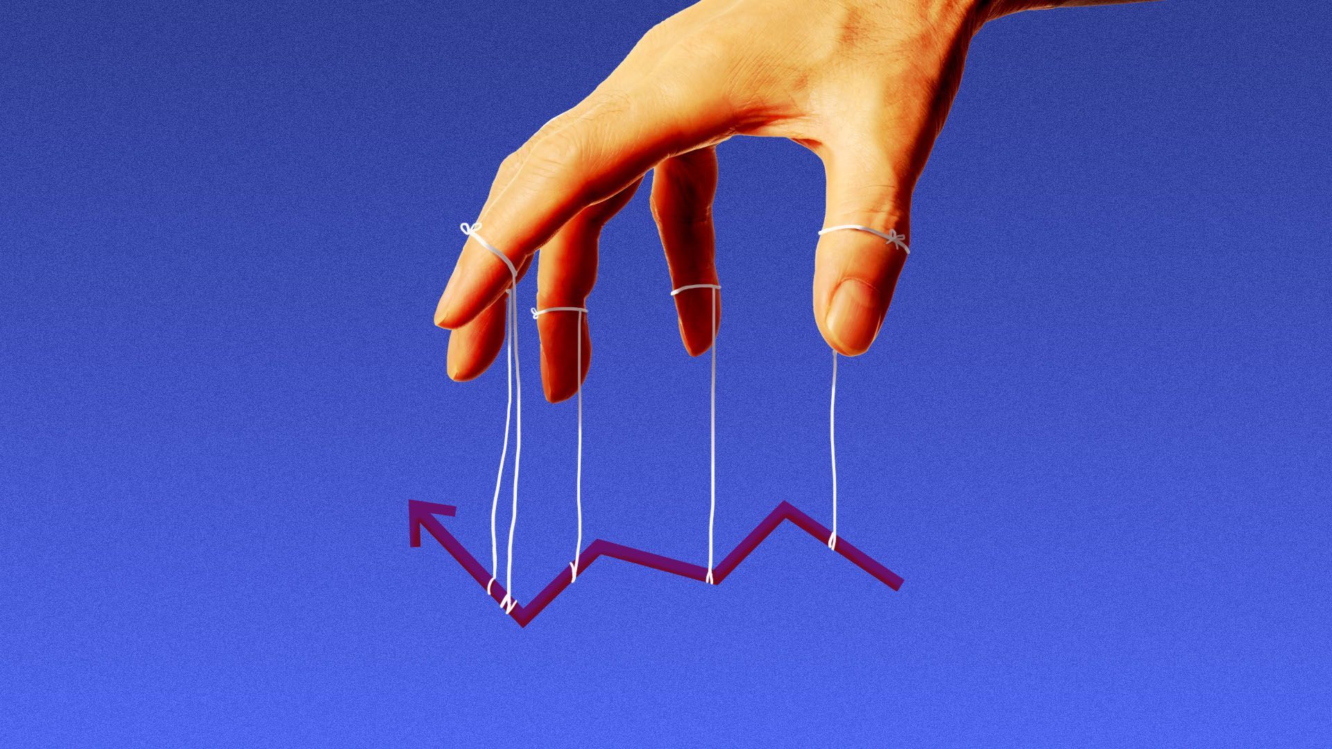 llustration of a hand with strings tied to the fingers, manipulating a market trend line.