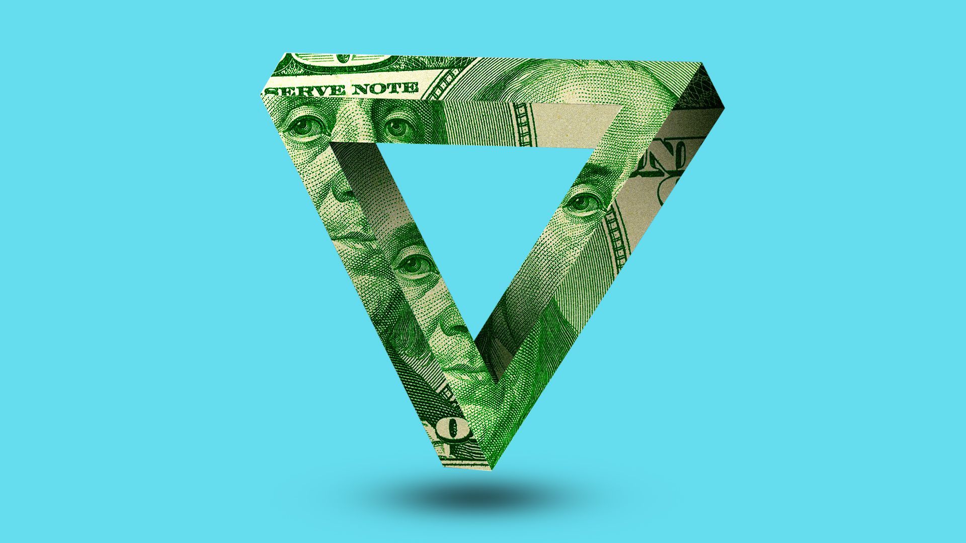 Illustration of an impossible shape with a hundred dollar bill pattern.